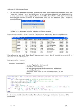 Aides pour la rédaction du filename
-

Une autre astuce permet en cas de doute de savoir ce qu’il faut écrire comme DDE triplet entre quotes dans
l’instruction Filename. Pour ce faire, sélectionnez sur la feuille de calcul Excel, la zone des données à lire
en Sas et copiez-la dans le presse-papiers. Passez ensuite à Sas. Sur la fenêtre AWS, sélectionnez dans le
menu déroulant Solutions/Accessories la rubrique DDE triplet qui vous donnera le triplet à recopier en
instruction Filename.

7.3.2 Ecrire les données d’une table Sas dans une feuille de calcul .
Supposons une table Sas A.CINEMA contenant 529 observations et 9 variables. En voici un petit extrait :

Nous allons créer une feuille Excel dans le classeur DDECINE.XLSX dans le répertoire D :TABSAS. Il est
nécessaire d’ouvrir la feuille à vide.
Le programme Sas à soumettre :
Un triplet se décompose en
- un nom d’application (ou Adresse)
- suivi d’une barre verticale |
- un nom de document raccourci ou in extenso (ou Elément)
- un point d’exclamation !
- une cellule, plage, valeur ou zone de données auquel il est fait
référence
filename ecrira dde 'Excel|D:tabsas[ddecine.xlsx]Feuil1!L1C1:L13C10' notab ;
data _null_;
set cine.cinema(obs=13);* décision de n'écrire que 13 lignes;
tarplin=round((tarplin/6.57),0.01);*francs vers euros;
tarredu=round(tarredu/6.57,.01);
file ecrira ;
format data ddmmyy10.;
put
NATION $8. '09'x TARPLIN numx5.2 '09'x TARREDU numx5.2 '09'x VILLE $5.
'09'x
SPECPLIN 6.
'09'x SPECREDU 6. '09'x
SDD $10. '09'x AN 4. '09'x ID $2. '09'x data;
run;

Il a été très important de séparer les variables dans le fichier d’écriture par un séparateur de colonne ‘09’x
(= tabulation)

INED Wielki

90

 