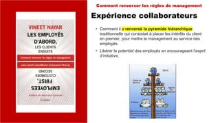 Expérience collaborateurs
• Comment il a renversé la pyramide hiérarchique
traditionnelle qui consistait à placer les intérêts du client
en premier, pour mettre le management au service des
employés.
• Libérer le potentiel des employés en encourageant l’esprit
d’initiative,
Comment renverser les règles de management
 