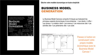 BUSINESS MODEL
GENERATION
Décrire votre modèle économique en toute simplicité
Le Business Model Canevas comporte 9 briques qui traduisent les
principaux aspects économiques d’une entreprise : • Les clients • L’offre •
Les canaux • La relation client • Les revenus • Les ressources clés • Les
activités clés • Les partenaires clés • Les coûts
.
Passez à l’action en
construisant votre
propre modèle
économique avec le
Business Model
Canvas !
 