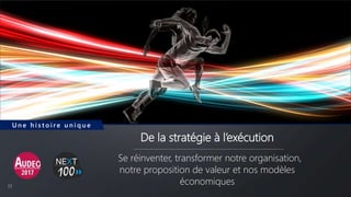 3333
De la stratégie à l’exécution
Se réinventer, transformer notre organisation,
notre proposition de valeur et nos modèles
économiques
U n e h i s t o i r e u n i q u e
 