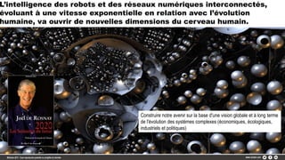 L’intelligence des robots et des réseaux numériques interconnectés,
évoluant à une vitesse exponentielle en relation avec l’évolution
humaine, va ouvrir de nouvelles dimensions du cerveau humain.
Construire notre avenir sur la base d'une vision globale et à long terme
de l'évolution des systèmes complexes (économiques, écologiques,
industriels et politiques)
 