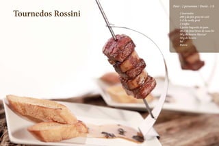 Pour : 2 personnes / Durée : 1 h

                          Tournedos Rossini   	
                                              	
                                                2 tournedos
                                                200 g de foie gras mi-cuit
                                              	 5 cl de noilly prat
                                              	 2 truffes
                                              	 1 petite baguette de pain
                                              	 20 cl de fond brun de veau lié
                                              	 30 g de beurre Mycryo®
                                              	 50 g de beurre
                                              	Sel
                                              	Poivre




                                                            La qualité professionnelle pour tous !
Crédit photo Loïc Rossignol
 