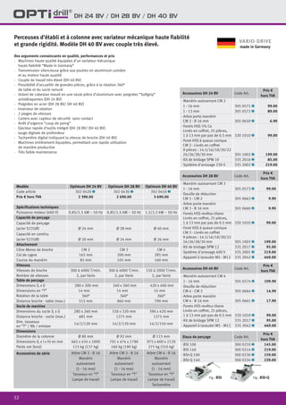 32
DH 24 BV / DH 28 BV / DH 40 BV
Des arguments convaincants en qualité, performances et prix
·	 Machines haute qualité équipées d’un variateur mécanique
haute fiabilité “Made in Germany”
·	 Transmission silencieuse grâce aux poulies en aluminium usinées
et au moteur haute qualité
·	 Couple de travail très élevé (DH 40 BV)
·	 Possibilité d’accueillir de grandes pièces, grâce à la rotation 360°
de table et du socle rainuré
·	 Volant de cabestan moulé en une seule pièce d’aluminium avec poignées “Softgrip”
antidérapantes (DH 24 BV)
·	 Poignées en acier (DH 28 BV/ DH 40 BV)
·	 Inverseur de rotation
·	 2 plages de vitesses
·	 Carters avec capteur de sécurité sans contact
·	 Arrêt d’urgence “coup de poing”
·	 Ejecteur rapide d’outils intégré (DH 28 BV/ DH 40 BV)
·	 Jauge digitale de profondeur
·	 Tachymètre digital indiquant la vitesse de broche (DH 40 BV)
·	 Machines entièrement équipées, permettant une rapide utilisation
de manière productive
·	 Très faible maintenance
Perceuses d’établi et à colonne avec variateur mécanique haute fiabilité
et grande rigidité. Modèle DH 40 BV avec couple très élevé.
Modèle Optimum DH 24 BV Optimum DH 28 BV Optimum DH 40 BV
Code article 302 0420 1 302 0430 1 302 0450 1
Prix € hors TVA 2 390.00 2 690.00 3 690.00
Spécifications techniques
Puissance moteur (400 V) 0.85/1.5 kW ~ 50 Hz 0.85/1.5 kW ~ 50 Hz 1.5/2.2 kW ~ 50 Hz
Capacité de perçage
Capacité de perçage
(acier S235JR) Ø 24 mm Ø 28 mm Ø 40 mm
Capacité en continu
(acier S235JR) Ø 20 mm Ø 24 mm Ø 26 mm
Attachement
Cône Morse de broche CM 2 CM 3 CM 4
Col de cygne 165 mm 200 mm 285 mm
Course du mandrin 85 mm 105 mm 160 mm
Vitesses
Vitesses de broche 300 à 4000 T/min. 300 à 4000 T/min. 150 à 2000 T/min.
Nombre de vitesses 2, par Vario 2, par Vario 2, par Vario
Table de perçage
Dimensions (L x l) 280 x 300 mm 340 x 360 mm 420 x 400 mm
Dimensions en “T” 14 mm 14 mm 14 mm
Rotation de la table 360° 360° 360°
Distance broche - table (max.) 515 mm 860 mm 790 mm
Socle de machine
Dimensions du socle (L x l) 280 x 260 mm 320 x 320 mm 390 x 420 mm
Distance broche - socle (max.) 681 mm 1275 mm 1275 mm
Dim. tasseaux
en “T” / Nb / entraxe
14/2/120 mm 14/2/120 mm 14/2/150 mm
Dimensions
Diamètre de la colonne Ø 80 mm Ø 92 mm Ø 115 mm
Dimensions (L x l x h) en mm 665 x 434 x 1000 701 x 474 x 1780 975 x 600 x 2120
Poids net (brut) 115 kg (137 kg) 160 kg (190 kg) 275 kg (310 kg)
Accessoires de série Arbre CM 2 - B 16
Mandrin
autoserrant
(1 - 16 mm)
Tasseaux en “T”
Lampe de travail
Arbre CM 3 - B 16
Mandrin
autoserrant
(1 - 16 mm)
Tasseaux en “T”
Lampe de travail
Arbre CM 4 - B 16
Mandrin
autoserrant
(1 - 16 mm)
Tasseaux en “T”
Lampe de travail
Tachymètre
Accessoires DH 24 BV Code Art.
Prix €
hors TVA
· Mandrin autoserrant CM 2
1 - 16 mm 305 0571 2 99.00
1 - 13 mm 305 0572 2 89.00
· Arbre porte mandrin
CM 2 - B 16 mm 305 0659 2 6.90
· Forets HSS 5% Co
Livrés en coffret, 25 pièces,
1 à 13 mm par pas de 0.5 mm 320 1010 2 99.00
· Foret HSS à queue conique
CM 2 - Livrés en coffret
9 pièces : 14.5/16/18/20/22
24/26/28/30 mm 305 1002 2 199.00
· Kit de bridage SPW 10 335 2016 2 85.00
· Système d’arrosage 230 V 335 2002 2 219.00
Accessoires DH 28 BV Code Art.
Prix €
hors TVA
· Mandrin autoserrant CM 3
1 - 16 mm 305 0573 2 99.00
· Douille de réduction
CM 3 - CM 2 305 0663 2 9.90
· Arbre porte mandrin
CM 3 - B 16 mm 305 0660 2 9.90
· Forets HSS revêtus titane
Livrés en coffret, 25 pièces,
1 à 13 mm par pas de 0.5 mm 320 1010 2 99.00
· Foret HSS à queue conique
CM 3 - Livrés en coffret
9 pièces : 14.5/16/18/20/22
24/26/28/30 mm 305 1003 2 199.00
· Kit de bridage SPW 12 335 2017 2 95.00
· Système d’arrosage 400 V 335 2001 2 219.00
· Appareil à tarauder M5 - M12 335 2042 2 449.00
Accessoires DH 40 BV Code Art.
Prix €
hors TVA
· Mandrin autoserrant CM 4
1 - 16 mm 305 0574 2 109.90
· Douille de réduction
CM 4 - CM 3 305 0664 2 14.90
· Arbre porte mandrin
CM 4 - B 16 mm 305 0661 2 17.90
· Forets HSS revêtus titane
Livrés en coffret, 25 pièces,
1 à 13 mm par pas de 0.5 mm 320 1010 2 99.00
· Kit de bridage SPW 12 335 2017 2 95.00
· Appareil à tarauder M5 - M12 335 2042 2 449.00
Etaux de perçage Code Art.
Prix €
hors TVA
· BSI 100 300 0210 2 145.00
· BSI 140 300 0214 2 219.00
· BSI-Q 100 300 0230 2 159.00
· BSI-Q 140 300 0234 2 239.00
Fig.: BSI Fig.: BSI-Q
VARIO-DRIVE
made in Germany
 