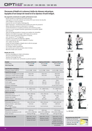 34
DH 26 GT / DH 28 GS / DH 32 GS
Fig.: DH 26GT
Fig.: DH 28GS
Fig.: DH 32GS
Des arguments convaincants en qualité, performances et prix
·	 Broche montée sur roulements de haute précision
·	 Interrupteur de sécurité conforme aux normes IP54 avec tension de sécurité,
arrêt d’urgence «coup de poing»
·	 Inversion de sens de rotation droite/gauche
·	 Boîte mécanique : entraînement direct parfait sans perte de puissance
·	 Moteur électrique puissant et silencieux à 2 vitesses,
	 monté directement sur la boîte de vitesses soit 8 vitesses au total
·	 Colonne en acier de grand diamètre, garantissant une parfaite rigidité
de la machine
·	 Table de perçage ajustable en hauteur par système de crémaillère
·	 Rotation de la table de perçage à 360° autour de la colonne
·	 Table de travail de grandes dimensions et robuste,
avec rainures en “T” en diagonale
·	 Equipées d’une butée de profondeur réglable
·	 Carter de protection de mandrin réglable en hauteur
avec capteur de sécurité
·	 Lampe de travail halogène intégrée dans la tête de perçage
·	 Equipées d’un éjecteur d’outil
·	 Un excellent rapport qualité/prix
·	 Une machine qui conserve sa valeur dans le temps
·	 Machines livrées sans mandrin
Modèle DH 32 GS :
·	 Fonction taraudage par simple commutateur
·	 Descente automatique de broche
·	 Système d’arrosage de série
·	 Inversion de rotation par commande au pied (en option)
Perceuses d’établi et à colonne à boîte de vitesses mécanique.
Equipées d’une lampe de travail et d’un éjecteur d’outil intégré.
Dimensions
Accessoires pour DH 32 GS
·	 Pédale de commande
de la fonction taraudage
Code Art. 305 0032 2
	 129.00 € hors TVA
Modèle Optimum DH 26 GT Optimum DH 28 GS Optimum DH 32 GS
Code article 303 4220 1 303 4230 1 303 4240 1
Prix € hors TVA 2 090.00 2 739.00 3 590.00
Spécifications techniques
Puissance moteur (400 V) 1.1/1.5 KW ~ 50 Hz 1.1/1.5 KW ~ 50 Hz 1.5/2.2 KW ~ 50 Hz
Capacité de perçage
Capacité de perçage (acier S235JR) Ø 24 mm Ø 26 mm Ø 30 mm
Capacité en continu (acier S235JR) Ø 21 mm Ø 23 mm Ø 26 mm
Capacité taraudage (acier S235JR) - - M 16
Attachement
Cône Morse de broche CM 3 CM 3 CM 4
Col de cygne 235 mm 260 mm 285 mm
Course du mandrin 127 mm 127 mm 125 mm
Descente automatique - - 0.1/0.15/0.2 mm/T.
Vitesses
Vitesses de broche 75 - 2900 T/min. 75 - 2900 T/min. 75 - 2000 T/min.
Nombre de vitesses 8 8 8
Table de perçage
Dimensions (L x l) 380 x 380 mm 376 x 394 mm 400 x 420 mm
Dimensions tasseaux en “T” 14 mm 14 mm 14 mm
Rotation de la table 360° 360° 360°
Distance broche - table (max.) 450 mm 875 mm 820 mm
Socle de machine
Dimensions du socle (L x l) 350 x 322 mm 350 x 356 mm 420 x 644 mm
Distance broche - socle (max.) 610 mm 1200 mm 1280 mm
Dim. tasseaux
en “T” / Nb / entraxe
14/2/120 mm 14/2/120 mm 14/2/150 mm
Dimensions
Diamètre de la colonne Ø 92 mm Ø 92 mm Ø 115 mm
Dimensions machine (L x l x h) 570 x 375 x 1300 mm 640 x 375 x 2080 mm 725 x 450 x 2200 mm
Poids net (brut) 166 kg (190 kg) 184 kg (215 kg) 295 kg (335 kg)
Accessoires de série Arbre CM 3 - B 16
Ejecteur d’outils
Lampe de travail
Arbre CM 3 - B 16
Ejecteur d’outils
Lampe de travail
Arbre CM 4 - B 16
Ejecteur d’outils
Lampe de travail
Système d’arrosage
Descente automatique
de la broche
 