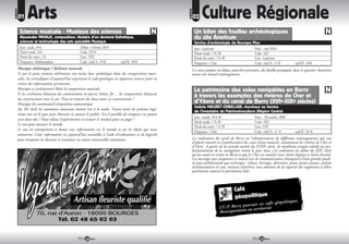 RUBRIQUE
                 Arts                                                                                                           Culture Régionale




                                                                                                              RUBRIQUE
           01                                                                                                            02

            Science musicale - Musique des sciences                                                                       Un bilan des fouilles archéologiques
            Alexander MIHALIC, compositeur, titulaire d’un doctorat Esthétique,                                           du site Avaricum
            sciences et technologie des arts spécialité Musique                                                           Service d’archéologie de Bourges Plus
            Jour : jeudi, 18 h                  Début : 4 février 2010                                                    Jour : à préciser                 Date : mai 2010
            Durée totale : 8 h                  Code : 0114                                                               Durée totale : 1 h 30             Code : 021
            Durée du cours : 2 h                Lieu : UP2                                                                Durée du cours : 1 h 30           Lieu : à préciser
            Fréquence : hebdomadaire            Coût : tarif A : 55    tarif B : 50                                       Fréquence : 1 fois                Coût : tarif A : 11                  tarif B : 10
           Musique alchimique / Alchimie musicale                                                                        Ce cours propose un bilan, peut-être provisoire, des fouilles pratiquées dans le quartier Avaricum
           Si par le passé certains alchimistes ont inclus leur symbolique dans des compositions musi-                   avant son nouvel aménagement.
           cales, les scientifiques d’aujourd’hui expriment le code génétique en séquences sonores pour en
           retirer des informations pertinentes.
           Musique et architecture/ Bâtir la composition musicale                                                         Le patrimoine des voies navigables en Berry
           Si les architectes bâtissent des constructions en pierre, béton, fer… les compositeurs bâtissent
           des constructions avec le son. Peut-on trouver des liens entre ces constructions ?
                                                                                                                          à travers les exemples des rivières de Cher et
           Musique des automates/Composition automatique                                                                  d’Yèvre et du canal de Berry (XVIe-XIXe siècles)
                                                                                                                          Valérie MAURET-CRIBELLIER, chercheur au Service
           Au 18e siècle les automates musicaux étaient très à la mode. Toutes sortes de systèmes ingé-
                                                                                                                          de l’Inventaire du Patrimoineculture (Région Centre)
           nieux ont vu le jour pour distraire et amuser le public. Est-il possible de composer en jouant
                                                                                                                          Jour : mardi, 18 h 30               Date : 20 octobre 2009
           avec deux dés ? Nous allons l’expérimenter et écouter le résultat pour en juger !
                                                                                                                          Durée totale : 1 h 30               Code : 022
           Le son pour mesurer le monde
                                                                                                                          Durée du cours : 1 h 30             Lieu : UP1
           Le son est omniprésent et donne une information sur le monde et sur les objets qui nous
                                                                                                                          Fréquence : 1 fois                  Coût : tarif A : 11                tarif B : 10
           entourent. Cette information est aujourd’hui travaillée à l’aide d’ordinateurs et de logiciels
           pour récupérer les données et constituer un savoir inaccessible autrement.                                    La réalisation du canal de Berry est l’aboutissement de différents aménagements qui ont
                                                                                                                         d’abord consisté en l’amélioration des cours d’eau naturels, notamment les rivières de Cher et
                                                                                                                         d’Yèvre. A partir de la seconde moitié du XVIIIe siècle, de nombreux projets relatifs au per-
                                                                                                                         fectionnement de la navigation voient le jour mais c’est seulement au début du XIXe siècle
                                                                                                                         qu’un canal est creusé en Berry et que le Cher est canalisé entre Saint-Aignan et Saint-Avertin.
                                                                                                                         Les ouvrages qui composent ce nouvel axe de communication témoignent d’une grande quali-
                                                                                                                         té tant architecturale que technique : écluses, barrages, déversoirs, ponts, ponts-canaux, système
                                                                                                                         d’alimentation en eau, maisons éclusières, tous attestent de la capacité des ingénieurs à allier
                                                                                                                         patrimoine naturel et patrimoine bâti.



                                                                                                                                                      Café
                                                                                                                                                      géopolitique
                                                                                                                                                                                 olitiques.
                                                                                                                                                               it ses cafés géop
                                                                                                                                            L’U.P. Berry poursu crétariat
                                                                                                                                                           au se
                                                                                                                                            Renseignements




                                                         24                                                                                                             25
 