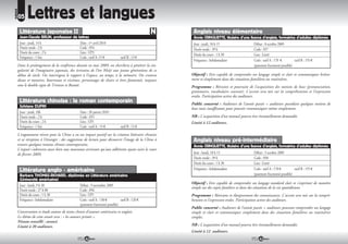 RUBRIQUE
           05    Lettres et langues
            Littérature japonaise --
                                  II
                                  --                                                                         Anglais niveau élémentaire
            Jean-Claude BRUN, professeur de lettres                                                          Annie CRINQUETTE, titulaire d’une licence d’anglais, formatrice d’adultes diplômée
            Jour : jeudi, 14 h               Date : 1er avril 2010                                           Jour : jeudi, 18 h 15                  Début : 8 octobre 2009
            Durée totale : 2 h               Code : 054                                                      Durée totale : 39 h                    Code : 057
            Durée du cours : 2 h             Lieu : UP3
                                                                                                             Durée du cours : 1 h 30                Lieu : Littré
            Fréquence : 1 fois               Coût : tarif A :15                  tarif B : 13
                                                                                                             Fréquence : hebdomadaire               Coût : tarif A : 170           tarif B : 155
           Dans le prolongement de la conférence donnée en mai 2009, on cherchera à pénétrer la sin-                                                (paiement fractionné possible)
           gularité de l’imaginaire japonais, des écrivains de l’ère Meiji aux jeunes générations de ce
           début de siècle. On interrogera le rapport à l’espace, au temps, à la mémoire. On croisera       Objectif : Etre capable de comprendre un langage simple et clair et communiquer briève-
           dieux et monstres, bourreaux et victimes, personnages de chairs et êtres fantasmés, toujours     ment et simplement dans des situations familières ou routinières.
           sous le double signe de Tristesse et Beauté.                                                     Programme : Révision et poursuite de l’acquisition des notions de base (prononciation,
                                                                                                            grammaire, vocabulaire courant). L’accent sera mis sur la compréhension et l’expression
                                                                                                            orales. Participation active des auditeurs.
            Littérature chinoise : le roman contemporain                                                    Public concerné : Auditeurs de l’année passée + auditeurs possédant quelques notions de
            Sylviane DUPIN
                                                                                                            base mais insuffisantes pour pouvoir communiquer même simplement.
            Jour : jeudi, 18h                        Date : 28 janvier 2010
            Durée totale : 2 h                       Code : 055                                             NB : L’acquisition d’un manuel pourra être éventuellement demandée.
            Durée du cours : 2 h                     Lieu : UP1                                             Limité à 12 auditeurs.
            Fréquence : 1 fois                       Coût : tarif A : 15         tarif B : 13
           L’engouement récent pour la Chine a eu un impact positif sur la création littéraire chinoise
           et sa réception à l’étranger : des suggestions de lecture pour découvrir l’image de la Chine à    Anglais niveau pré-intermédiaire
           travers quelques romans chinois contemporains.                                                    Annie CRINQUETTE, titulaire d’une licence d’anglais, formatrice d’adultes diplômée
           L’exposé s’adressera aussi bien aux nouveaux arrivants qu’aux adhérents ayant suivi le cours
           de février 2009.                                                                                  Jour : lundi, 18 h 15                  Début : 5 octobre 2009
                                                                                                             Durée totale : 39 h                    Code : 058
                                                                                                             Durée du cours : 1 h 30                Lieu : Littré
            Littérature anglo - américaine                                                                   Fréquence : hebdomadaire               Coût : tarif A : 170           tarif B : 155
            Barbara THOMAS-RICHARD, diplômée en Littérature américaine                                                                              (paiement fractionné possible)
            (Université américaine)
                                                                                                            Objectif : Etre capable de comprendre un langage standard clair et s’exprimer de manière
            Jour : lundi, 9 h 30          Début : 9 novembre 2009
                                                                                                            simple sur des sujets familiers et dans des situations de la vie quotidienne.
            Durée totale : 27 h 00        Code : 056
            Durée du cours : 1 h 30       Lieu : UP1                                                        Programme : Révisions et élargissement des connaissances. L’accent sera mis sur la compré-
            Fréquence : hebdomadaire      Coût : tarif A : 130           tarif B : 120                      hension et l’expression orales. Participation active des auditeurs.
                                          (paiement fractionné possible)
                                                                                                            Public concerné : Auditeurs de l’année passée + auditeurs pouvant comprendre un langage
           Conversation et étude autour de textes choisis d’auteurs américains et anglais.                  simple et clair et communiquer simplement dans des situations familières ou routinières
           Le thème de cette année sera : « les auteurs primés ».                                           simples.
           Niveau conseillé : avancé.
           Limité à 20 auditeurs.                                                                           NB : L’acquisition d’un manuel pourra être éventuellement demandée.
                                                                                                            Limité à 12 auditeurs.
                                                         42                                                                                             43
 