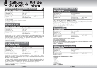 RUBRIQUE
                       Culture & Art de
           9A
                       du goût    vivre
             Dégustation de grands whiskies du monde                                                              La saga du chocolat : module 2
             Michel MARC, Président d’Amphores                                                                    vin et chocolat
             Jour : vendredi, 18 h           Date : 12 mars 2010                                                  Sylviane DUPIN, Claude BOUQUET
             Durée totale : 2 h              Code : 9A13                                                          Jour : mercredi, 18 h                                  Date : 16 décembre 2009
             Durée du cours : 2 h            Lieu : UP1                                                           Durée totale : 2 h                                     Code : 9A16
             Fréquence : 1 fois              Coût : tarif A : 32                               tarif B : 30       Durée du cours : 2 h                                   Lieu : UP1
                                             (dont dégustation 18 )                                               Fréquence : 1 fois                                     Coût : tarif A : 32           tarif B : 30
                                                                                                                                                                         (dont 15 vin et dessert au chocolat)
           Cf. cours précédent.
           L’abus d’alcool est dangereux pour la santé. Consommer avec modération.                              Vin et chocolat : Les accords difficiles ou sublimes
           Limité à 15 auditeurs.                                                                               Ce 4e cours en liaison avec le cours d’œnologie, consiste en une dégustation commentée de
                                                                                                                quelques accords possibles entre vins et desserts au chocolat.
                                                                                                                L’abus d’alcool est dangereux pour la santé. Consommer avec modération.
             La Chine et le Thé                                                                                 Ce cours n’ouvrira qu’à partir de 12 auditeurs.
             Sylviane DUPIN, Michel DUPIN                                                                       Limité à 20 auditeurs.
             Jour : jeudi, 16 h                                     Date : 4 février 2010                         Le rhum antillais
             Durée totale : 2 h                                     Code : 9A14                                   Emmanuel BARCLAIS
             Durée du cours : 2 h                                   Lieu : UP1                                    Jour : mardi, 18 h30                                   Début : 5 janvier 2010
             Fréquence : 1 fois                                     Coût : tarif A : 20        tarif B : 18       Durée totale : 6 h                                     Code : 9A17
                                                                    (dont dégustation 5 )                         Durée du cours : 3 h                                   Lieu : UP2
           Berceau du thé, la Chine a inventé l’art et les manières de boire ce breuvage à l‘origine d‘un         Fréquence : mensuelle                                  Coût : tarif A : 38            tarif B : 36
           commerce florissant : un voyage en Chine pour s’initier au parfum de quelques jardins, un              05/01/10 - 02/02/10                                    (dont dégustation 6 )
           aperçu des traditions et pratiques culturelles, avec dégustation de 3 variétés de thé chinois .
           Ce cours n’ouvrira qu’à partir de 12 auditeurs.                                                      • Invitation au voyage à travers l’histoire du rhum.
                                                                                                                • Ses origines, son évolution.
           Limité à 20 auditeurs.                                                                               • Quelle qualité aujourd’hui ?
                                                                                                                • Cours avec dégustation de plusieurs rhums (blanc-paille-vieux-) avec conseil de dégustation et recettes.
                                                                                                                L’abus d’alcool est dangereux pour la santé. Consommer avec modération.
             La saga du chocolat : module 1                                                                     Limité à 20 auditeurs.
             de la fève à la fête
             Sylviane DUPIN, Michel DUPIN                                                                         Initiation à la danse Antillaise
             Jour : mercredi, 18 h                                  Début : 25 novembre 2009                      Emmanuel BARCLAIS
             Durée totale : 6 h                                     Code : 9A15                                   Jour : mardi, 14 h                                     Date : 19 janvier 2010
             Durée du cours : 2 h                                   Lieu : UP1                                    Durée totale : 6 h                                     Code : 9A18
             Fréquence : hebdomadaire                               Coût : tarif A : 55        tarif B : 50       Durée du cours : 3 h                                   Lieu : UP1
             25/11/09 - 02/12/09 - 09/12/09                         (dont dégustation 16 )                        Fréquence : mensuelle                                  Coût : tarif A : 40            tarif B : 35
                                                                                                                  19/01/10 - 23/02/10
           Aucune épice n’a suscité autant de fascination, de passion à travers les siècles que le cacao :
           magique pour les Indiens, prodigieux pour nous, s’il nous est possible d’en apprécier la diversité   Invitation à la détente à travers la danse :
           des saveurs et l’art de les révéler.                                                                 > Biguine,
                                                                                                                > Zouk,
           Ce module , propose un premier contact avec le cacao, une approche des différentes étapes de         > Salsa,
           son évolution et de sa transformation en chocolat, en trois cours suivis de dégustations com-        > Mazurka,
           mentées qui préparent au module suivant, plus élaboré dans l’art de la dégustation.                  > Comas.
           Ce cours n’ouvrira qu’à partir de 12 auditeurs.                                                      Niveau débutants
           Limité à 20 auditeurs.                                                                               Limité à 25 auditeurs.
                                                                         70                                                                                                   71
 
