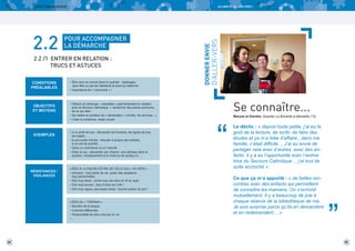 LIVRET PÉDAGOGIQUE

2.2 /1 ENTRER EN RELATION :
TRUCS ET ASTUCES
CONDITIONS
PRÉALABLES

OBJECTIFS
ET MOYENS

EXEMPLES

RÉSISTANCES /
VIGILANCES

• Être venu en amont dans le quartier : repérages,
pour être vu par les habitants et avoir pu observer.
• Importance de « l’accroche » !

• Obtenir un échange, « banalités » pas forcément en relation
avec le Secours Catholique -> recherche des points communs,
de ce qui relie.
• Se mettre en position de « demandeur » (d’infos, de services…).
• Créer la confiance, rester ouvert.

• A un arrêt de bus : demander les horaires, les lignes de bus,
les trajets…
• A une sortie d’école : discuter à propos des enfants,
si on est du quartier…
• Dans un commerce ou un marché
• Dans la rue : demander son chemin, une adresse dans le
quartier, l’emplacement d’un local ou de quelqu’un…

LIÉES À LA FAÇON D’ÊTRE DE CELUI QUI « VA VERS » :
• Intrusion : trop parler de soi, poser des questions
trop personnelles.
• Etre trop direct : entrer trop vite dans le vif du sujet
• Etre trop bavard : trop d’infos tue l’info !
• Etre trop vague, pas assez direct : tourner autour du pot !

LIÉES AU « TERRAIN » :
• Barrière de la langue
• Cultures différentes
• Personnalité de celui vers qui on va
•…

24

D’ALLER-VERS

POUR ACCOMPAGNER
LA DÉMARCHE

DONNER ENVIE

2.2

ALLONS-Y, ALLONS VERS !

Se connaître...

“

Maryse et Danièle, Quartier La Bricarde à Marseille (13)

Le déclic : « depuis toute petite, j’ai eu le
goût de la lecture, de sortir, de faire des
études et ça m’a tirée d’affaire ; dans ma
famille, c’était difficile… J’ai eu envie de
partager cela avec d’autres, avec des enfants. Il y a eu l’opportunité avec l’animatrice du Secours Catholique… j’ai tout de
suite accroché ».
Ce que ça m’a apporté : « de belles rencontres avec des enfants qui permettent
de connaître les mamans. On s’enrichit
mutuellement. Il y a beaucoup de joie à
chaque séance de la bibliothèque de rue.
Je suis surprise parce qu’ils en demandent
et en redemandent… »

”
25

 