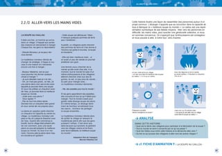 LIVRET PÉDAGOGIQUE

ALLONS-Y, ALLONS VERS !

2.2 /2 ALLER-VERS LES MAINS VIDES

LA SOUPE AU CAILLOU
Il était une fois, un homme qui arriva
dans un village. Il frappait aux portes
des maisons en demandant à manger.
Chaque fois, les gens lui répondaient
- Désolé Monsieur, je ne peux rien

vous donner.

Le mystérieux monsieur décida de
changer de stratégie. Il frappa à nouveau à une maison et il demanda
encore une fois à manger :
- Bonjour Madame, est-ce que

vous pourriez me donner quelque
chose à manger ?
- Je suis désolée mais je n’ai rien… 
- Oh, ce n’est pas grave ; en fait, j’ai
une pierre dans mon sac-à-dos avec
laquelle je pourrais faire une soupe.
Si vous me prêtiez un chaudron avec
de l’eau, je pourrais faire la meilleure
soupe au monde.
- Juste avec une pierre ?
Vous rigolez ?! 
- Pas du tout ma chère dame.
Donnez-moi un chaudron bien grand
et vous verrez de vos propres yeux.
La dame en question partit chercher
un chaudron et l’apporta au centre du
village. Le mystérieux monsieur prépara un feu et y plaça le chaudron avec
de l’eau. Quand elle commença à
bouillir, tout le village était présent afin
de voir comment, avec une seule
pierre on pouvait préparer la meilleure
soupe au monde. Au bout d’un moment, l’inconnu jeta la pierre dans l’eau
et s’exclama en goûtant :

- Cette soupe est délicieuse ! Mais…

il manque quelques pommes de terre
pour l’améliorer…

Cette histoire illustre une façon de rassembler des personnes autour d’un
projet commun. L’étranger n’apporte que sa conviction dans la capacité de
tous à fabriquer la « meilleure soupe du monde ». Le caillou est une représentation symbolique de ses faibles moyens. Aller vers les personnes en
difficulté, les mains vides, peut susciter une générosité collective, si nous
en sommes convaincus. On s’aperçoit que l’enthousiasme est contagieux
et nous pousse à aller, à notre tour, vers d’autres.

Aussitôt, un villageois partit chercher
des pommes de terre et il les donna à
l’inconnu qui goûta à nouveau  la soupe
et s’exclama :
- Elle est bien meilleure mais…si

on avait un peu de viande on pourrait
améliorer son goût… 
Une femme couru chercher de la
viande qu’elle avait chez elle. A ce
moment, tout le monde fut saisi d’un
même enthousiasme et les villageois
allèrent chercher chez eux des légumes, du sel, un peu plus de viande…
du pain pour manger avec…
Le mystérieux monsieur demanda :

Un jour José arrive au village :
« je vais vous faire la meilleure des soupes
au caillou ! » Il n’a qu’un caillou.

Avec des légumes et de la viande,
ça serait meilleur ! Il faudrait un chaudron
J’en ai un !

Préparons la table
Venez mangeons la soupe !

José s’en va. Et comme José :
« moi aussi je vais aller vers un village
voisin faire la soupe au caillou ! »

- Vite, des assiettes pour tout le monde ! 

Et les gens apportèrent des assiettes,
des couverts et tout ce qu’il fallait pour
manger. Tout le monde s’assit pour
goûter cette étrange soupe de pierre.
En même temps, un étrange sentiment de bonheur envahissait tous
les cœurs…bonheur de partager
la soupe ensemble…
Le mystérieux monsieur décida alors
de quitter le village en laissant la
mystérieuse pierre afin que les gens
puissent l’utiliser. C’est ainsi que,
dans les jours qui suivirent, ils partirent
vers les villages voisins et ils firent,
avec leurs habitants, la meilleure soupe
du monde !

 

> ANALYSE
DANS CETTE HISTOIRE :

• Quel est le déclic des villageois pour participer à la fabrication de la soupe ?
• Tout le monde se sent-il concerné par ce qui se passe ?
• Quel lien faites-vous entre cette histoire et la démarche aller-vers ?
• Qu’est ce qui pousse des villageois à aller-vers les autres villages ?

Adaptation libre de l’espagnol 
Marcela Villalobos Cid

> cf. FICHE D’ANIMATION 9 : LA SOUPE AU CAILLOU
26

27

 