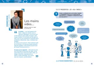 LIVRET PÉDAGOGIQUE

ALLONS-Y, ALLONS VERS !

2.2 /3 PASSER DU « JE » AU « NOUS »

DONNER ENVIE

D’ALLER-VERS

?
Les mains
vides...

“

DANS LA DÉMARCHE ALLER-VERS, PASSÉE
LA PREMIÈRE ÉTAPE DE LA RENCONTRE
INDIVIDUELLE, COMMENT S’ORIENTER VERS
DU COLLECTIF ?

Regrouper
les personnes
(inviter)

Avoir des points communs
qui donnent sens/envie

Jean-Luc, quartiers de l’agglo
de Grenoble (38)
Construire une vision commune

Le déclic : « ça s’est passé en Albanie. J’étais en mission avec le
Secours Catholique. Je me suis trouvé très démuni (sans parler la langue, sans
moyen d’action). On est allé vers les gens et,
avec nous, ils ont commencé à résoudre leurs
problèmes d’électricité, d’eau, d’enfants handicapés…
Au retour, je me suis dit : il faut vraiment sortir
de nos locaux, on n’est pas assez présents
dans les quartiers. C’est comme ça que le projet Cause Commune est né ».

Participation
libre et
sur invitation

Animer
le groupe

Trouver un équilibre :
- ma place
- la place de l’autre
- avoir un projet et des résultats

Relire ensemble nos actions
Une indignation
commune
Vivre
des moments
conviviaux

Avoir une
communication
adaptée

Ce que ça m’a apporté : « être dans la position d’accueilli, ça renverse les rôles, on apprend beaucoup. Arriver les mains vides, ça
oblige à chercher ensemble des solutions, à faire ensemble. Si on arrive
avec les moyens, ça démobilise ».

28

”

> cf. FICHE D’ANIMATION 5 : DU «JE» AU «NOUS»
29

 