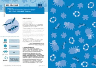 FICHE D’ANIMATION // 10

LES 4 BÂTONS
OBJECTIF :

1. PRENDRE CONSCIENCE QUE SEUL ON NE PEUT
RIEN ET QU’À TOUS, ON EST PLUS FORT.

DÉROULEMENT
Cette animation a deux versions :
1/ LA VERSION CONTÉE :
Un vieil homme, sentant venir sa fin et se faisant du souci
pour l’avenir de sa famille, réunit à son chevet ses quatre
fils qui passaient leur temps à se disputer.
« Avant de vous quitter, j’aimerais vous laisser quelque chose… »
A chacun de ses fils, le vieil homme donna un bâton de bois.
Il leur demanda à tour de rôle de casser le bâton. Chacun
s’exécuta sans difficulté.
Puis le vieil homme pris quatre autres bâtons, il les réunit et
les lia ensemble. Il demanda à nouveau à ses enfants d’essayer de les rompre. Chacun, à son tour s’y essaya mais
aucun n’y parvint.

15 personnes
GROUPE

A partir de : Adalberto Barreto et Jean-Pierre Boyer,
L’indien qui est en moi, itinéraire d’un psychiatre brésilien,
Descartes & Compagnie, 1996.

10 minutes
DURÉE

libre
LIEU / ESPACE

MATÉRIEL

Leur vieux père leur dit alors :
« Voici le message que je tiens à vous laisser : en étant
unis, liés les uns aux autres, vous serez forts et vous
pourrez résister là où seuls, vous ne pourrez rien. »

Des bâtons de bois ou,
à défaut, des crayons
de couleurs différentes.

Département Recherche Expérimentations Développement
Tel : 04 57 13 81 21 / Courriel : dept.red@secours-catholique.org

2/ VERSION EXPÉRIMENTÉE :
Les bâtons de bois représentent les personnes.
Les injustices, les inégalités, l’individualisme sont des
causes de souffrance. Tout cela s’accumule, chacun subit
mille douleurs. La personne en arrive à être brisée.
L’animateur prend les bâtons et les casse en deux.
A nouveau, il recommence avec les morceaux restants,
expliquant que les différents malheurs, difficultés, accidents
qui accablent les personnes finissent par les briser. Il continue de briser les bâtons qui raccourcissent de plus en plus.
L’animateur prend à nouveau plusieurs bâtons qu’il lie
ensemble et demande à un participant de les casser…
Il invite le groupe à échanger sur la signification de cette
histoire pour chacun, pour le groupe et dans la société.

Fiche d’animation // 10

 