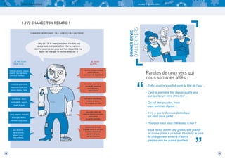 LIVRET PÉDAGOGIQUE

ALLONS-Y, ALLONS VERS !

DONNER ENVIE

D’ALLER-VERS

1.2 /2 CHANGE TON REGARD !
CHANGER DE REGARD : QUI JUGE OU QUI VALORISE

« Hey toi ! Si tu viens vers moi, n’oublie pas
que je suis tout ça à la fois ! De la manière
dont tu poseras les yeux sur moi, dépendra ma
façon de changer le monde avec toi ! »

JE NE SUIS
PAS QUE ...

JE SUIS
AUSSI ...

Chicots pourris, bègue,
balafré, bec de lièvre,
chômeur, malade,

Homme d’expériences,
petits boulots,
parcours de migration,

invalidité potentielle,

serviable, courageux,
combatif, sensible,
bon bricoleur,
débrouillard,

dépendant aux jeux,
ancien détenu, fada,

alcoolique, vieux,
surendetté, divorcé,
isolé, drogué,

sans-papiers, impulsif,
lunatique, illettré,
menacé d’expulsion,

pas diplômé…
sans-permis,
absent pour
mes enfants,

14

sait gérer son stress,
mobile et écolo,
se déplace en vélo,

récupère plein de
matériel électroménager,
participe à
un jardin partagé,

“

Paroles de ceux vers qui
nous sommes allés :
- Enfin, vous m’avez fait sortir la tête de l’eau ...
- C’est la première fois depuis quatre ans
que quelqu’un vient chez moi ...
- On est des pauvres, mais
nous sommes dignes ...
- Il n’y a que le Secours Catholique
qui vient nous parler ...
- Pourquoi vous vous intéressez à moi ?

passionné de foot,
engagé dans un groupe
d’action citoyenne,
parle 3 langues
danse très bien

-Vous venez semer une graine, elle grandit
et donne place à un arbre. Plus tard, le vent
du changement enverra d’autres
graines vers les autres quartiers.

”

15

 