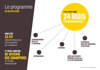 ACCÉLÉRATEUR ETI MAI 2016 Bpifrance 5
Le programme
EN UN CLIN D’OEIL
VOUS ÊTES
23 ETI
sélectionnées pour
votre potentiel
de croissance
ET VOTRE AMBITION
DE DEVENIR
DES CHAMPIONS
à l’échelle
internationale
ACCOMPAGNEMENT
COLLECTIF
ET INDIVIDUEL
EXPERTISE
ACCÈS AUX SERVICES
PREMIUM DE Bpifrance
ET DE SES PARTENAIRES
INTERNATIONAL
INTÉGRATION
DANS UNE PROMOTION
D’EXCELLENCE
C’EST PARTI POUR
24 MOISD’ACCOMPAGNEMENT…
 