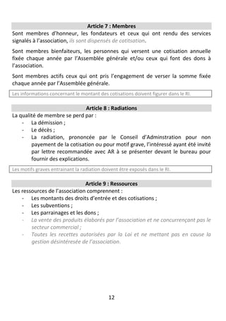 12
Article 7 : Membres
Sont membres d’honneur, les fondateurs et ceux qui ont rendu des services
signalés à l’association, ils sont dispensés de cotitsation.
Sont membres bienfaiteurs, les personnes qui versent une cotisation annuelle
fixée chaque année par l’Assemblée générale et/ou ceux qui font des dons à
l’association.
Sont membres actifs ceux qui ont pris l’engagement de verser la somme fixée
chaque année par l’Assemblée générale.
Les informations concernant le montant des cotisations doivent figurer dans le RI.
Article 8 : Radiations
La qualité de membre se perd par :
- La démission ;
- Le décès ;
- La radiation, prononcée par le Conseil d’Adminstration pour non
payement de la cotisation ou pour motif grave, l’intéressé ayant été invité
par lettre recommandée avec AR à se présenter devant le bureau pour
fournir des explications.
Les motifs graves entrainant la radiation doivent être exposés dans le RI.
Article 9 : Ressources
Les ressources de l’association comprennent :
- Les montants des droits d’entrée et des cotisations ;
- Les subventions ;
- Les parrainages et les dons ;
- La vente des produits élaborés par l’association et ne concurrençant pas le
secteur commercial ;
- Toutes les recettes autorisées par la Loi et ne mettant pas en cause la
gestion désintéresée de l’association.
 