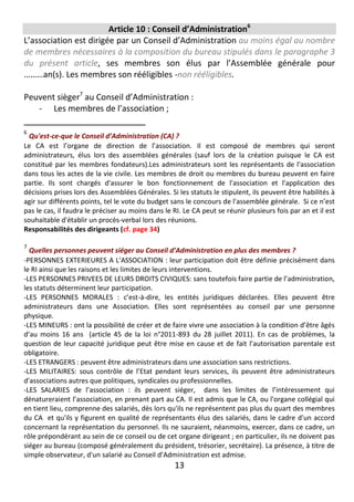 13
Article 10 : Conseil d’Administration6
L’association est dirigée par un Conseil d’Administration au moins égal au nombre
de membres nécessaires à la composition du bureau stipulés dans le paragraphe 3
du présent article, ses membres son élus par l’Assemblée générale pour
………an(s). Les membres son rééligibles -non rééligibles.
Peuvent sièger7
au Conseil d’Administration :
- Les membres de l’association ;
6
Qu'est-ce-que le Conseil d’Administration (CA) ?
Le CA est l’organe de direction de l’association. Il est composé de membres qui seront
administrateurs, élus lors des assemblées générales (sauf lors de la création puisque le CA est
constitué par les membres fondateurs).Les administrateurs sont les représentants de l'association
dans tous les actes de la vie civile. Les membres de droit ou membres du bureau peuvent en faire
partie. Ils sont chargés d'assurer le bon fonctionnement de l'association et l'application des
décisions prises lors des Assemblées Générales. Si les statuts le stipulent, ils peuvent être habilités à
agir sur différents points, tel le vote du budget sans le concours de l'assemblée générale. Si ce n’est
pas le cas, il faudra le préciser au moins dans le RI. Le CA peut se réunir plusieurs fois par an et il est
souhaitable d'établir un procès-verbal lors des réunions.
Responsabilités des dirigeants (cf. page 34)
7
Quelles personnes peuvent siéger au Conseil d’Administration en plus des membres ?
-PERSONNES EXTERIEURES A L'ASSOCIATION : leur participation doit être définie précisément dans
le RI ainsi que les raisons et les limites de leurs interventions.
-LES PERSONNES PRIVEES DE LEURS DROITS CIVIQUES: sans toutefois faire partie de l’administration,
les statuts déterminent leur participation.
-LES PERSONNES MORALES : c’est-à-dire, les entités juridiques déclarées. Elles peuvent être
administrateurs dans une Association. Elles sont représentées au conseil par une personne
physique.
-LES MINEURS : ont la possibilité de créer et de faire vivre une association à la condition d’être âgés
d’au moins 16 ans (article 45 de la loi n°2011-893 du 28 juillet 2011). En cas de problèmes, la
question de leur capacité juridique peut être mise en cause et de fait l’autorisation parentale est
obligatoire.
-LES ETRANGERS : peuvent être administrateurs dans une association sans restrictions.
-LES MILITAIRES: sous contrôle de l’Etat pendant leurs services, ils peuvent être administrateurs
d'associations autres que politiques, syndicales ou professionnelles.
-LES SALARIES de l’association : ils peuvent siéger, dans les limites de l’intéressement qui
dénatureraient l’association, en prenant part au CA. Il est admis que le CA, ou l'organe collégial qui
en tient lieu, comprenne des salariés, dès lors qu'ils ne représentent pas plus du quart des membres
du CA et qu'ils y figurent en qualité de représentants élus des salariés, dans le cadre d'un accord
concernant la représentation du personnel. Ils ne sauraient, néanmoins, exercer, dans ce cadre, un
rôle prépondérant au sein de ce conseil ou de cet organe dirigeant ; en particulier, ils ne doivent pas
siéger au bureau (composé généralement du président, trésorier, secrétaire). La présence, à titre de
simple observateur, d'un salarié au Conseil d’Administration est admise.
 