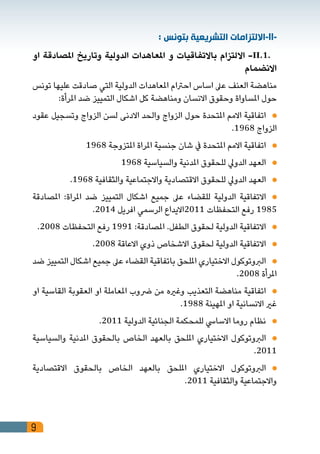 9
: ‫بتونس‬ ‫التشريعية‬ ‫-االلتزامات‬II-
‫او‬ ‫املصادقة‬ ‫وتاريخ‬ ‫الدولية‬ ‫املعاهدات‬ ‫و‬ ‫باالتفاقيات‬ ‫االلتزام‬ -II.1.
‫االنضمام‬
‫تونس‬ ‫عليها‬ ‫صادقت‬ ‫التي‬ ‫الدولية‬ ‫املعاهدات‬ ‫احرتام‬ ‫اساس‬ ‫عىل‬ ‫العنف‬ ‫مناهضة‬
:‫املرأة‬ ‫ضد‬ ‫التمييز‬ ‫اشكال‬ ‫كل‬ ‫ومناهضة‬ ‫االنسان‬ ‫وحقوق‬ ‫املساواة‬ ‫حول‬
‫عقود‬ ‫وتسجيل‬ ‫الزواج‬ ‫لسن‬ ‫االدنى‬ ‫والحد‬ ‫الزواج‬ ‫حول‬ ‫املتحدة‬ ‫االمم‬ ‫اتفاقية‬ 	
.1968 ‫الزواج‬
1968 ‫املتزوجة‬ ‫املراة‬ ‫جنسية‬ ‫شان‬ ‫يف‬ ‫املتحدة‬ ‫االمم‬ ‫اتفاقية‬ 	
1968 ‫والسياسية‬ ‫املدنية‬ ‫للحقوق‬ ‫الدويل‬ ‫العهد‬ 	
.1968 ‫والثقافية‬ ‫واالجتماعية‬ ‫االقتصادية‬ ‫للحقوق‬ ‫الدويل‬ ‫العهد‬ 	
‫املصادقة‬ :‫املراة‬ ‫ضد‬ ‫التمييز‬ ‫اشكال‬ ‫جميع‬ ‫عىل‬ ‫للقضاء‬ ‫الدولية‬ ‫االتفاقية‬ 	
.2014 ‫افريل‬ ‫الرسمي‬ ‫1102االيداع‬ ‫التحفظات‬ ‫رفع‬ 1985
.2008 ‫التحفظات‬ ‫رفع‬ 1991 :‫املصادقة‬ .‫الطفل‬ ‫لحقوق‬ ‫الدولية‬ ‫االتفاقية‬ 	
.2008 ‫االعاقة‬ ‫ذوي‬ ‫االشخاص‬ ‫لحقوق‬ ‫الدولية‬ ‫االتفاقية‬ 	
‫ضد‬ ‫التمييز‬ ‫اشكال‬ ‫جميع‬ ‫عىل‬ ‫القضاء‬ ‫باتفاقية‬ ‫امللحق‬ ‫االختياري‬ ‫الربوتوكول‬ 	
.2008 ‫املرأة‬
‫او‬ ‫القاسية‬ ‫العقوبة‬ ‫او‬ ‫املعاملة‬ ‫رضوب‬ ‫من‬ ‫وغريه‬ ‫التعذيب‬ ‫مناهضة‬ ‫اتفاقية‬ 	
.1988 ‫املهينة‬ ‫او‬ ‫االنسانية‬ ‫غري‬
.2011 ‫الدولية‬ ‫الجنائية‬ ‫للمحكمة‬ ‫االسايس‬ ‫روما‬ ‫نظام‬ 	
‫والسياسية‬ ‫املدنية‬ ‫بالحقوق‬ ‫الخاص‬ ‫بالعهد‬ ‫امللحق‬ ‫االختياري‬ ‫الربوتوكول‬ 	
.2011
‫االقتصادية‬ ‫بالحقوق‬ ‫الخاص‬ ‫بالعهد‬ ‫امللحق‬ ‫االختياري‬ ‫الربوتوكول‬ 	
.2011 ‫والثقافية‬ ‫واالجتماعية‬
 