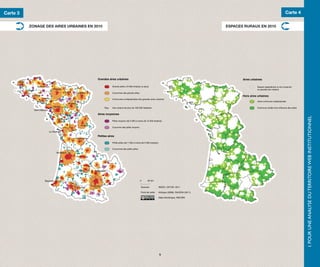 Carte 3                                                                                                                                                                                                                              Carte 4

                ZONAGE DES AIRES URBAINES EN 2010                                                                                                                                        ESPACES RURAUX EN 2010




                                                                                          Grandes aires urbaines                                                                                Aires urbaines
      Brest
                           Saint-Brieuc                                                              Grands pôles (10 000 emplois ou plus)                                                                Espace appartenant à une moyenne
                                            Rennes                                                                                                                                                        ou grande aire urbaine
              Quimper
                                                      Laval           Le Mans                        Couronnes des grands pôles
                    Lorient                                                                                                                                                                     Hors aires urbaines
                               Vannes                                                                Communes multipolarisées des grandes aires urbaines
                                                                                                                                                                                                          Autre commune multipolarisée
                                                           Angers
                                            Nantes
                                                                                               Pau   Aire urbaine de plus de 100 000 habitants                                                            Commune isolée hors influence des pôles
                        Saint-Nazaire
                                                                                          Aires moyennes




                                                                                                                                                                                                                                                    I. POUR UNE ANALYSE DU TERRITOIRE WEB INSTITUTIONNEL
                                               La Roche-
                                               sur-Yon                                               Pôles moyens (de 5 000 à moins de 10 000 emplois)

                                                                         Poitiers
                                                                                                     Couronne des pôles moyens
                                                              Niort
                                        La Rochelle
                                                                                          Petites aires
                                                                    Angoulême
                                                                                                     Petits pôles (de 1 500 à moins de 5 000 emplois)

                                                                                                     Couronnes des petits pôles
                                               Bordeaux




                                                                       Agen            Montauban



                                  Bayonne                                                                                         0      50 km.
                                                            Pau
                                                                                    Toulouse
                                                                       Tarbes                                                     Sources :             INSEE, DATAR, 2011

                                                                                                                                  Fond de carte :       Articque (2008), RAUDIN (2011)

                                                                                                                                                        Atlas Numérique, RAUDIN




                                                                                                                                                        9
 