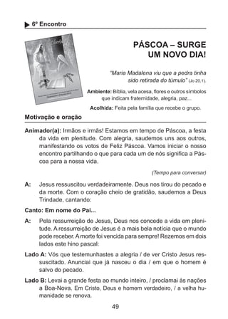 6º Encontro

PÁSCOA – SURGE
UM NOVO DIA!
“Maria Madalena viu que a pedra tinha
sido retirada do túmulo” (Jo 20,1).
Ambiente: Bíblia, vela acesa, flores e outros símbolos
que indicam fraternidade, alegria, paz...
Acolhida: Feita pela família que recebe o grupo.

Motivação e oração
Animador(a): Irmãos e irmãs! Estamos em tempo de Páscoa, a festa
da vida em plenitude. Com alegria, saudemos uns aos outros,
manifestando os votos de Feliz Páscoa. Vamos iniciar o nosso
encontro partilhando o que para cada um de nós significa a Páscoa para a nossa vida.
(Tempo para conversar)

A: 	 Jesus ressuscitou verdadeiramente. Deus nos tirou do pecado e
da morte. Com o coração cheio de gratidão, saudemos a Deus
Trindade, cantando:
Canto: Em nome do Pai...
A: 	 Pela ressurreição de Jesus, Deus nos concede a vida em plenitude. A ressurreição de Jesus é a mais bela notícia que o mundo
pode receber. A morte foi vencida para sempre! Rezemos em dois
lados este hino pascal:
Lado A: Vós que testemunhastes a alegria / de ver Cristo Jesus ressuscitado. Anunciai que já nasceu o dia / em que o homem é
salvo do pecado.
Lado B: Levai a grande festa ao mundo inteiro, / proclamai às nações
a Boa-Nova. Em Cristo, Deus e homem verdadeiro, / a velha humanidade se renova.

49

 