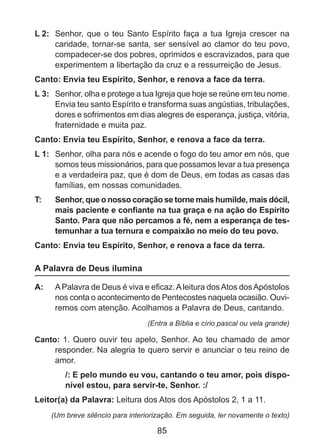 L 2: 	 Senhor, que o teu Santo Espírito faça a tua Igreja crescer na
caridade, tornar-se santa, ser sensível ao clamor do teu povo,
compadecer-se dos pobres, oprimidos e escravizados, para que
experimentem a libertação da cruz e a ressurreição de Jesus.
Canto: Envia teu Espírito, Senhor, e renova a face da terra.
L 3: 	 Senhor, olha e protege a tua Igreja que hoje se reúne em teu nome.
Envia teu santo Espírito e transforma suas angústias, tribulações,
dores e sofrimentos em dias alegres de esperança, justiça, vitória,
fraternidade e muita paz.
Canto: Envia teu Espírito, Senhor, e renova a face da terra.
L 1: 	 Senhor, olha para nós e acende o fogo do teu amor em nós, que
somos teus missionários, para que possamos levar a tua presença
e a verdadeira paz, que é dom de Deus, em todas as casas das
famílias, em nossas comunidades.
T: 	

Senhor, que o nosso coração se torne mais humilde, mais dócil,
mais paciente e confiante na tua graça e na ação do Espírito
Santo. Para que não percamos a fé, nem a esperança de testemunhar a tua ternura e compaixão no meio do teu povo.

Canto: Envia teu Espírito, Senhor, e renova a face da terra.

A Palavra de Deus ilumina
A: 	 A Palavra de Deus é viva e eficaz. A leitura dos Atos dos Apóstolos
nos conta o acontecimento de Pentecostes naquela ocasião. Ouviremos com atenção. Acolhamos a Palavra de Deus, cantando.
(Entra a Bíblia e círio pascal ou vela grande)

Canto: 1. Quero ouvir teu apelo, Senhor. Ao teu chamado de amor
responder. Na alegria te quero servir e anunciar o teu reino de
amor.

/: E pelo mundo eu vou, cantando o teu amor, pois disponível estou, para servir-te, Senhor. :/
Leitor(a) da Palavra: Leitura dos Atos dos Apóstolos 2, 1 a 11.
(Um breve silêncio para interiorização. Em seguida, ler novamente o texto)

85

 
