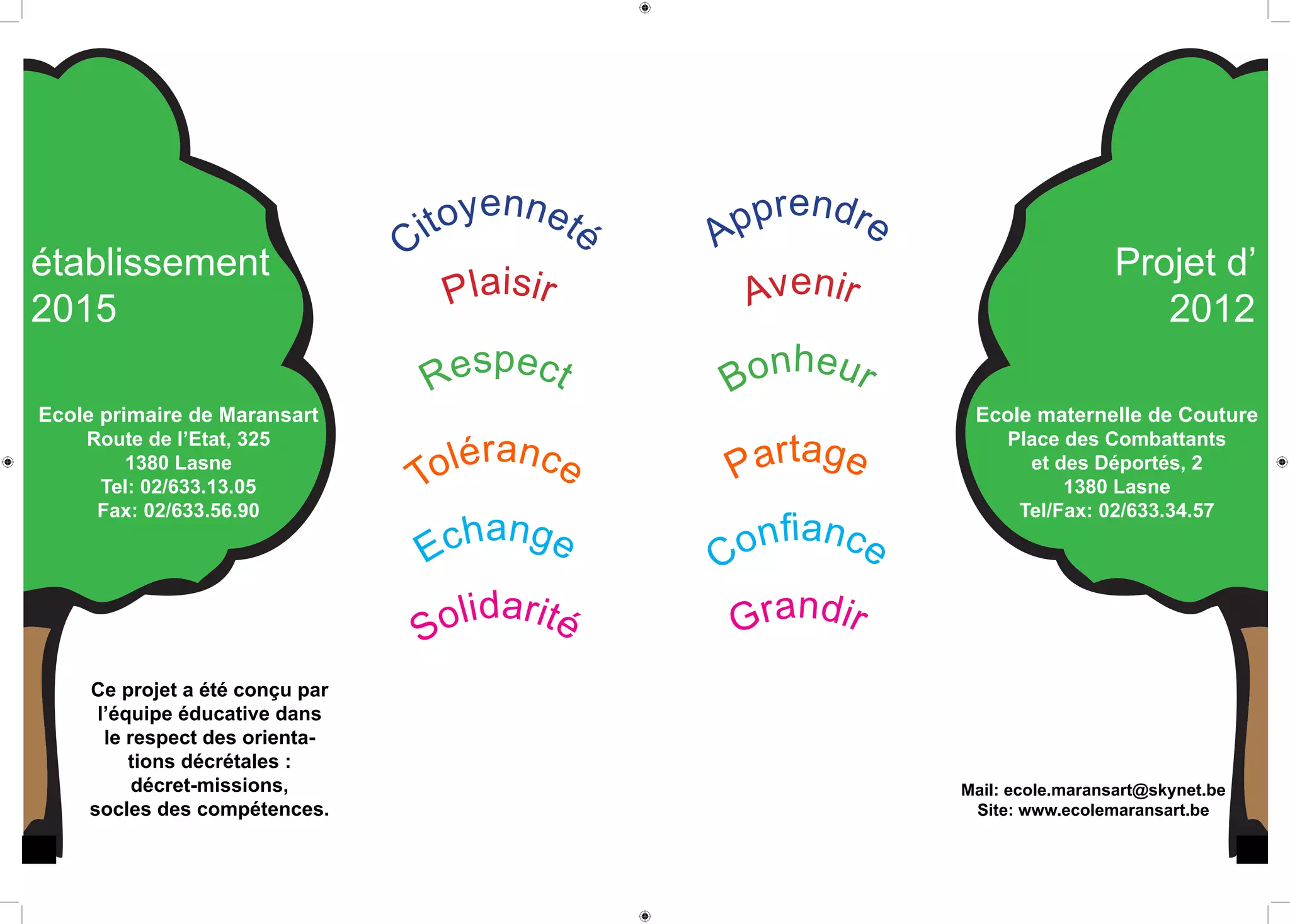 Projet d’
2012
établissement
2015
Ecole maternelle de Couture
Place des Combattants
et des Déportés, 2
1380 Lasne
Tel/Fax: 02/633.34.57
Ecole primaire de Maransart
Route de l’Etat, 325
1380 Lasne
Tel: 02/633.13.05
Fax: 02/633.56.90
Mail: ecole.maransart@skynet.be
Site: www.ecolemaransart.be
Ce projet a été conçu par
l’équipe éducative dans
le respect des orienta-
tions décrétales :
décret-missions,
socles des compétences.
Citoyenneté
Plaisir
Respect
Tolérance
Solidarité
Echange
Apprendre
Avenir
Bonheur
Partage
Grandir
Confiance