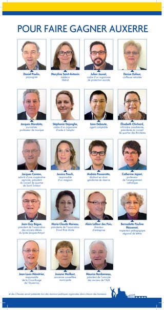 POUR FAIRE GAGNER AUXERRE

Daniel Poulin,

Maryline Saint-Antonin

Jacques Morabito,

Stéphanie Dejonghe,
cadre d’un organisme
d’aide à l’emploi

agent comptable

infirmière anesthésiste,
présidente du conseil
de quartier des Brichères

Jacques Coreau,

Jessica Peuch,

Andréa Passarotto,

Catherine Japiot,

Marie-Claude Moreau,

Alain Lafleur des Pois,

Bernadette Pauline
Massenot,

paysagiste

journaliste,
professeur de musique

salarié d’une coopérative
agricole, président
du conseil de quartier
de Saint Siméon

Jean-Guy Bègue,

président de l’association
des anciens élèves
du lycée Jacques-Amyot

Jean-Louis Ménétrier,
responsable
de la Croix-Rouge
de l’Auxerrois

médecin
libéral

responsable
d’un magasin

présidente de l’association
Envol Rive droite

Josiane Maillaut,

ancienne conseillère
municipale

Julien Jouvet,

cadre d’un organisme
de protection sociale

Léon Deboute,

étudiant en droit,
gendarme de réserve

directeur
d’entreprise

Maurice Bardonneau,
président de l’amicale
des anciens de l’AJA

Denise Dufour,

coiffeuse retraitée

Élisabeth Chichard,

professeur
de l’enseignement
catholique

inspecteur pédagogique
régional de lettres

 