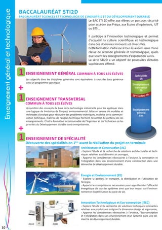 Enseignement général et technologique

Baccalauréat STI2D

Baccalauréat Sciences et Technologie de l’Industrie et du Développement durable

Le BAC STI 2D offre aux élèves un parcours sécurisé
pour accéder aux Prépa, aux Écoles d’Ingénieurs, IUT
ou BTS …

1 enseignement général

Il participe à l’innovation technologique et permet
d’acquérir la culture scientifique et technologique
dans des domaines innovants et diversifiés.
Cette formation s’adresse à tous les élèves issus d’une
classe de seconde générale et technologique, quels
que soient les enseignements d’exploration suivis.
La série STI2D a un objectif de poursuites d’études
supérieures affirmé.

commun à tous les élèves

Les objectifs dans les disciplines générales sont équivalents à ceux des bacs généraux
avec un programme spécifique

+
1 enseignement transversal
commun à tous les élèves

Acquisition des concepts de base de la technologie industrielle pour les appliquer dans
une logique de limitation de l’impact environnemental. Mise en œuvre de modèles et
méthodes d’analyse pour résoudre des problèmes techniques, maîtrise de la communication technique, maîtrise de l’anglais technique forment l’essentiel du contenu de ces
enseignements. C’est la formation incontournable de l’Ingénieur et du Technicien où les
priorités du Développement durable sont omniprésentes.

+
1 enseignement DE spécialité

Découverte des spécialités en 1ère avant la réalisation du projet en terminale
Architecture et Construction (AC)

- Explore l’étude et la recherche de solutions architecturales et techniques relatives aux bâtiments et ouvrages,
- Apporte les compétences nécessaires à l’analyse, la conception et
l’intégration dans son environnement d’une construction dans une
démarche de développement durable.

Énergie et Environnement (EE)

- Explore la gestion, le transport, la distribution et l’utilisation de
l’énergie,
- Apporte les compétences nécessaires pour appréhender l’efficacité
énergétique de tous les systèmes ainsi que leur impact sur l’environnement et l’optimisation du cycle de vie.

Innovation Technologique et Eco-conception (ITEC)

- Explore l’étude et la recherche de solutions techniques innovantes
relatives aux produits en intégrant la dimension design et ergonomie,
- Apporte les compétences nécessaires à l’analyse, l’éco-conception
et l’intégration dans son environnement d’un système dans une démarche de développement durable.

10

 
