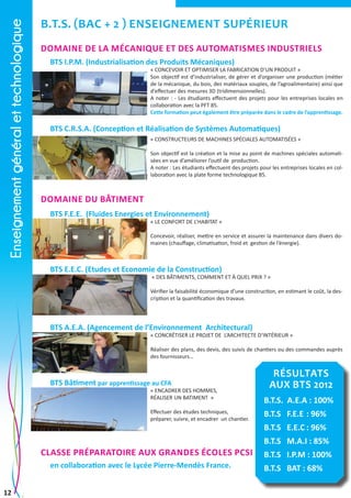 Enseignement général et technologique

B.T.S. (Bac + 2 ) Enseignement Supérieur
Domaine de la mécanique et des automatismes industriels
BTS I.P.M. (Industrialisation des Produits Mécaniques)

« CONCEVOIR ET OPTIMISER LA FABRICATION D’UN PRODUIT »
Son objectif est d’industrialiser, de gérer et d’organiser une production (métier
de la mécanique, du bois, des matériaux souples, de l’agroalimentaire) ainsi que
d’effectuer des mesures 3D (tridimensionnelles).
A noter : - Les étudiants effectuent des projets pour les entreprises locales en
collaboration avec la PFT 85.
Cette formation peut également être préparée dans le cadre de l’apprentissage.

BTS C.R.S.A. (Conception et Réalisation de Systèmes Automatiques)
« CONSTRUCTEURS DE MACHINES SPÉCIALES AUTOMATISÉES »
Son objectif est la création et la mise au point de machines spéciales automatisées en vue d’améliorer l’outil de production.
A noter : Les étudiants effectuent des projets pour les entreprises locales en collaboration avec la plate forme technologique 85.

Domaine du bâtiment
BTS F.E.E. (Fluides Energies et Environnement)

« LE CONFORT DE L’HABITAT »
Concevoir, réaliser, mettre en service et assurer la maintenance dans divers domaines (chauffage, climatisation, froid et gestion de l’énergie).

BTS E.E.C. (Etudes et Economie de la Construction)

« DES BÂTIMENTS, COMMENT ET À QUEL PRIX ? »

Vérifier la faisabilité économique d’une construction, en estimant le coût, la description et la quantification des travaux.

BTS A.E.A. (Agencement de l’Environnement Architectural)

« CONCRÉTISER LE PROJET DE L’ARCHITECTE D’INTÉRIEUR »
Réaliser des plans, des devis, des suivis de chantiers ou des commandes auprès
des fournisseurs…

BTS Bâtiment par apprentissage au CFA

« ENCADRER DES HOMMES,
RÉALISER UN BATIMENT  »
Effectuer des études techniques,
préparer, suivre, et encadrer un chantier.

Classe préparatoire aux grandes écoles PCSI
en collaboration avec le Lycée Pierre-Mendès France.
12

Résultats
aux BTS 2012
B.T.S. A.E.A : 100%
B.T.S F.E.E	: 96%
B.T.S E.E.C	: 96%
B.T.S M.A.I : 85%
B.T.S I.P.M : 100%
B.T.S BAT : 68%

 
