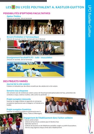 + du lycée Polyvalent A. Kastler-Guitton

Possibilités d’options facultatives
Option Théâtre

3 heures en seconde, 1ère et terminale

Brevet d’Initiation à l’aéronautique

LPO Kastler-Guitton

Les

2 heures de cours par semaine. Examen géré par le Rectorat

Enseignement facultatif E.P.S - Judo - musculation
3 heures en seconde, 1ère et terminale

des projets variés

Journal de la cité scolaire

Création et réalisation par des élèves encadré par des adultes de la cité scolaire.

Semaine éco-citoyenne

Une semaine avec de nombreuses actions autour de l’écocitoyenneté (préservation de l’eau, prévention des
conduites à risque, violence routière, lutte contre les pesticides ...)

Projet européen Léonardo

Favoriser les stages d’élèves et apprentis en entreprise
européenne (partenariat avec la Bulgarie, la Finlande et la
Suède).

Projet européen Coménius

Favoriser la mobilité européenne (partenariat avec la
Grèce, l’Italie et l’Allemagne).

Engagement de l’établissement dans l’action solidaire

- Course contre la faim
- Collecte de fournitures scolaires pour le Burkina Faso
- Opération bol de riz
- Collecte de bouchons et de téléphones portables usagés au profit d’associations.
- Don du sang organisé chaque année dans l’établissement

15

 