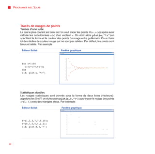 PROGRAMMER AVEC SCILAB




          Tracés de nuages de points
          Termes d’une suite
          Le cas le plus courant est celui où l’on veut tracer les points M (n , u (n)) après avoir
          calculé les coordonnées u (n) d’un vecteur u. On écrit alors plot(u,"*r")en
          spécifiant la forme et la couleur des points du nuage entre guillemets. On a choisi
          ici des étoiles de couleur rouge qui ne sont pas reliées. Par défaut, les points sont
          bleus et reliés. Par exemple :

            Éditeur Scilab                      Fenêtre graphique




            for n=1:50
              u(n)=(-0.8)^n;
            end
            clf; plot(u,"*r")




          Statistiques doubles
          Les nuages statistiques sont donnés sous la forme de deux listes (vecteurs) :
          appelons les X et Y, on écrira alors plot(X,Y,"<") pour tracer le nuage des points
          M (Xi ; Yi) avec des triangles bleus. Par exemple :

            Éditeur Scilab                       Fenêtre graphique




            X=[1,3,3,7,7,9,10];
            Y=[8,7,5,5,4,2,2];
            clf; plot(X,Y,"<")




28
 