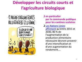 Développer les circuits courts et
l’agriculture biologique
 en particulier
par la commande publique
pour les cantines scolaires
 Les Nations Unies
affirment qu'entre 2015 et
2030, 80 % de
l'augmentation de la
production alimentaire
nécessaire devront provenir
d'une intensification et
d'une augmentation du
rendement….
10
 