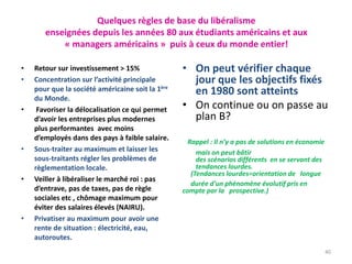 Quelques règles de base du libéralisme
enseignées depuis les années 80 aux étudiants américains et aux
« managers américains » puis à ceux du monde entier!
• On peut vérifier chaque
jour que les objectifs fixés
en 1980 sont atteints
• On continue ou on passe au
plan B?
Rappel : Il n’y a pas de solutions en économie
mais on peut bâtir
des scénarios différents en se servant des
tendances lourdes.
(Tendances lourdes=orientation de longue
durée d'un phénomène évolutif pris en
compte par la prospective.)
• Retour sur investissement > 15%
• Concentration sur l’activité principale
pour que la société américaine soit la 1ère
du Monde.
• Favoriser la délocalisation ce qui permet
d’avoir les entreprises plus modernes
plus performantes avec moins
d’employés dans des pays à faible salaire.
• Sous-traiter au maximum et laisser les
sous-traitants régler les problèmes de
règlementation locale.
• Veiller à libéraliser le marché roi : pas
d’entrave, pas de taxes, pas de règle
sociales etc , chômage maximum pour
éviter des salaires élevés (NAIRU).
• Privatiser au maximum pour avoir une
rente de situation : électricité, eau,
autoroutes.
40
 