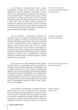O eixo aborda as articulações entre tempo e espaço,
contemplando o trabalho com as diversas fontes históricas e
geográficas, de forma que possibilite a interpretação e a leitura
crítica, por meio da diversidade de linguagens e meios disponíveis
de documentação e registro. Considera um amplo campo conceitual
da Geografia e da História para identificar conceitos, processos,
diferenças e semelhanças, mudanças e permanências, continuidades
e rupturas, bem como sua análise, descrição, comparação, e a
construção de explicações sobre espaços e tempos em relações
multiescalares (local, regional, nacional e global). Contempla ainda
o conhecimento necessário para a identificação e compreensão dos
diversos elementos que compõem a cartografia.

Tempo, espaço, fontes

Além de possibilitar a compreensão da dinâmica dos
fenômenos naturais, o eixo propõe a superação da dicotomia entre
natureza e sociedade e a reflexão sobre as formas de intervenção
humana em diferentes tempos e espaços. Trata-se de compreender

Natureza-sociedade:
questões ambientais

históricas e representações
cartográficas

as razões e os processos pelos quais a sociedade busca conhecer,
explorar e alterar recursos naturais, além de prever e prevenir
catástrofes ambientais por meio da ciência e da tecnologia. Por
conseguinte, o eixo avança na reflexão sobre as questões ambientais,
notadamente aquelas decorrentes da interação natureza-sociedade,
passando por questões como a sustentabilidade, a segurança
alimentar, os posicionamentos de instituições e países e o próprio
ambientalismo e suas variações.

O eixo parte de uma visão integrada das ações humanas,
dos fatos históricos e de fenômenos sociais, que possibilitam a
compreensão das semelhanças, diferenças e desigualdades entre
os sujeitos, levando-se em conta os valores de representação
subjetivos. Assim, propõe a percepção das diferenças/semelhanças
no processo de construção das identidades com o reconhecimento,
a aceitação, o respeito e a valorização do outro. Trabalha com a
ideia de alteridade, contribuindo para a valorização da conquista
dos direitos humanos e para a conscientização acerca das diversas
formas de desigualdade: econômicas, políticas, sociais, culturais,
étnico-raciais e de gênero.

O eixo aborda as representações, as relações de poder e
de dominação, bem como as diversas formas de organização
política, abrangendo questões pertinentes às nações, aos povos,
às lutas, guerras e revoluções. Parte da perspectiva do Estado
e das diversas instituições para abordar questões relativas ao
seu papel e à sua constituição, às relações entre as nações e aos
organismos multilaterais. Considera os territórios, os processos

32

INCLUSÃO DE CIÊNCIAS NO SAEB

Identidades, diversidades e
direitos humanos

Poder, Estado e
instituições

 