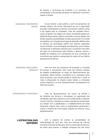 de disputa e construção de fronteiras e os processos de
consolidação e manutenção de poder em diferentes momentos,
lugares e escalas.

Cidadania e movimentos
sociais

O eixo aborda a ação política a partir da perspectiva da
atuação cidadã e das formas alternativas de uso e organização
do poder, contemplando os diversos movimentos e pleitos sociais
e seu legado para as sociedades. Trata das questões étnicoraciais, de gênero, da cidade e do campo, envolvendo pessoas em
diferentes faixas etárias (infância, juventude e terceira idade), com
direitos especiais (acessibilidade, inclusão educacional e no mundo
do trabalho) e em situação de privação de liberdade. Reflete sobre
os esforços de participação política dos diversos segmentos
sociais excluídos e suas estratégias reivindicatórias ante o Estado,
considerando os diferentes interesses que o constituem. Para além
da noção de conhecimento sobre direitos e deveres, retoma a
questão da cidadania com a perspectiva de uma construção de
consciência que viabilize a apropriação da noção de luta coletiva
pela garantia de direitos.

Produção, circulação e
trabalho

Este eixo trata dos processos de produção e circulação
de pessoas e mercadorias, bem como das diversas relações
de trabalho estabelecidas ao longo do desenvolvimento das
sociedades. Nesse âmbito, consideram-se as interações entre
esses processos, suas transformações e influências e, ainda, as
novas configurações da relação campo-cidade, as interações
urbano-regionais e os seus desdobramentos socioespaciais em
diferentes escalas.

Comunicação e tecnologia

Trata do desenvolvimento, do acesso, da difusão e
da influência das técnicas e tecnologias na organização das
sociedades, sejam elas urbanas ou rurais, evidenciando os aspectos
sociais e culturais. Considera-se, ainda, a questão da comunicação,
sua relação com a globalização e o estabelecimento de novas
hierarquias urbanas, bem como as problemáticas pertinentes à
cultura, a sistemas de comunicação, relações de consumo e seus
desdobramentos.

4 Estrutura das
matrizes

Com o objetivo de orientar as possibilidades de
materialização de itens por meio das matrizes de Ciências
Humanas e Ciências da Natureza, tem-se a descrição da estrutura
de matriz para orientar a medição composta dos três eixos/

INCLUSÃO DE CIÊNCIAS NO SAEB

33

 