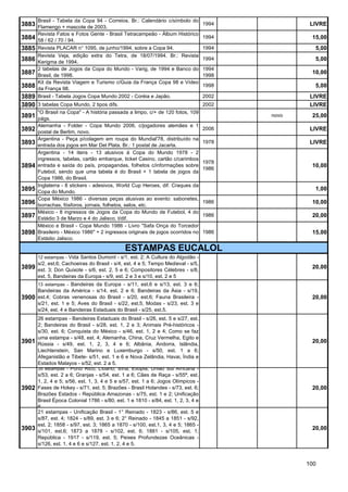 Brasil - Tabela da Copa 94 - Correios. Br.: Calendário c/símbolo do
3883 Flamengo + mascote de 2003.                                                    1994           LIVRE
       Revista Fatos e Fotos Gente - Brasil Tetracampeão - Álbum Histórico
3884 58 / 62 / 70 / 94.                                                             1994           15,00
3885 Revista PLACAR n° 1095, de junho/1994, sobre a Copa 94.                        1994            5,00
       Revista Veja, edição extra do Tetra, de 18/07/1994. Br.: Revista
3886   Kerigma de 1994.
                                                                                    1994            5,00
       2 tabelas de Jogos da Copa do Mundo - Varig, de 1994 e Banco do              1994
3887   Brasil, de 1998.                                                             1998
                                                                                                   10,00
       Kit da Revista Viagem e Turismo c/Guia da França Copa 98 e Vídeo
3888   da França 98.
                                                                                    1998            5,00
3889   Brasil - Tabela Jogos Copa Mundo 2002 - Coréia e Japão.                      2002           LIVRE
3890 3 tabelas Copa Mundo, 2 tipos difs.                                            2002           LIVRE
       "O Brasil na Copa" - A história passada a limpo, c/+ de 120 fotos, 109
3891   págs.
                                                                                           novo    25,00
       Alemanha - Folder - Copa Mundo 2006, c/jogadores alemães e 1
3892   postal de Berlim, novo.
                                                                                    2006           LIVRE
       Argentina - Peça p/colagem em roupa do Mundial'78, distribuído na
3893   entrada dos jogos em Mar Del Plata. Br.: 1 postal de Jacarta.
                                                                                    1978           LIVRE
       Argentina - 14 itens - 13 alusivos à Copa do Mundo 1978 - 2
       ingressos, tabelas, cartão embarque, ticket Casino, cartão c/carimbos
                                                                                    1978
3894   entrada e saída do país, propagandas, folhetos c/informações sobre
                                                                                    1986
                                                                                                   10,00
       Futebol, sendo que uma tabela é do Brasil + 1 tabela de jogos da
       Copa 1986, do Brasil.
       Inglaterra - 8 stickers - adesivos, World Cup Heroes, dif. Craques da
3895   Copa do Mundo.
                                                                                                    1,00
       Copa México 1986 - diversas peças alusivas ao evento: sabonetes,
3896   borrachas, fósforos, jornais, folhetos, selos, etc.
                                                                                    1986           10,00
       México - 8 ingressos de Jogos da Copa do Mundo de Futebol, 4 do
3897   Estádio 3 de Marzo e 4 do Jalisco, t/dif.
                                                                                    1986           20,00
       México e Brasil - Copa Mundo 1986 - Livro "Safa Onça do Torcedor
3898   Brasileiro - México 1986" + 2 ingressos originais de jogos ocorridos no      1986           15,00
       Estádio Jalisco.

                                               ESTAMPAS EUCALOL
       12 estampas - Vida Santos Dumont - s/1, est. 2; A Cultura do Algodão -
       s/2, est.6; Cachoeiras do Brasil - s/4, est. 4 e 5; Tempo Medieval - s/5,
3899 est. 3; Don Quixote - s/6, est. 2, 5 e 6; Compositores Célebres - s/8,                        20,00
       est. 5, Bandeiras da Europa - s/9, est. 2 e 3 e s/10, est. 2 e 5
       13 estampas - Bandeiras da Europa - s/11, est.6 e s/13, est. 3 e 6;
       Bandeiras da América - s/14, est. 2 e 6; Bandeiras da Ásia - s/19,
3900 est.4; Cobras venenosas do Brasil - s/20, est.6; Fauna Brasileira -                           20,00
       s/21, est. 1 e 5; Aves do Brasil - s/22, est.5; Modas - s/23, est. 3 e
       s/24, est. 4 e Bandeiras Estaduais do Brasil - s/25, est.5.
       26 estampas - Bandeiras Estaduais do Brasil - s/26, est. 5 e s/27, est.
       2; Bandeiras do Brasil - s/28, est. 1, 2 e 3; Animais Pré-históricos -
       s/30, est. 6; Conquista do México - s/46, est. 1, 2 e 4; Como se faz
       uma estampa - s/48, est. 4; Alemanha, China, Cruz Vermelha, Egito e
3901   Rússia - s/49, est. 1, 2, 3, 4 e 6; Albânia, Andorra, Islândia,
                                                                                                   20,00
       Liechtenstein, San Marino e Luxemburgo - s/50, est. 1 a 6;
       Afeganistão e Tibete- s/51, est. 1 e 6 e Nova Zelândia, Havai, Índia e
       Estados Malayos - s/52, est. 2 a 5.
       35 estampas - Porto Rico, Líbano, Síria, Etiópia, União Sul Africana -
       s/53, est. 2 a 6; Granjas - s/54, est. 1 a 6; Cães de Raça - s/55ª, est.
       1, 2, 4 e 5; s/56, est. 1, 3, 4 e 5 e s/57, est. 1 a 6; Jogos Olímpicos -
3902   Fases de Hokey - s/71, est. 5; Brazões - Brasil Holandes - s/73, est. 6;                    20,00
       Brazões Estados - República Amazonas - s/75, est. 1 e 2; Unificação
       Brasil Época Colonial 1786 - s/80, est. 1 e 1810 - s/84, est. 1, 2, 3, 4 e
       6.
       21 estampas - Unificação Brasil - 1° Reinado - 1823 - s/86, est. 5 e
       s/87, est. 4; 1824 - s/89, est. 3 e 6; 2° Reinado - 1845 a 1851 - s/92,
       est. 2; 1858 - s/97, est. 3; 1865 a 1870 - s/100, est.1, 3, 4 e 5; 1865 -
3903   s/101, est.6; 1873 a 1878 - s/102, est. 6; 1881 - s/105, est. 1;
                                                                                                   20,00
       República - 1917 - s/119, est. 5; Peixes Profundezas Oceânicas -
       s/126, est. 1, 4 e 6 e s/127, est. 1, 2, 4 e 5.


                                                                                                  100
 