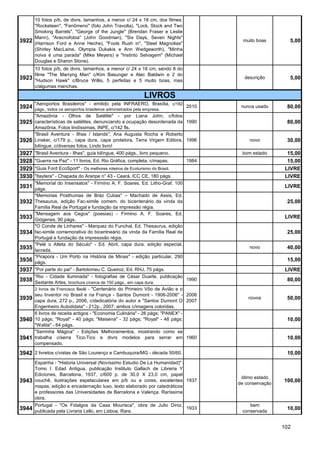 10 fotos p/b, de divrs. tamanhos, a menor c/ 24 x 18 cm, dos filmes:
       "Rocketeen", "Fenômeno" (foto John Travolta), "Lock, Stock and Two
       Smoking Barrels", "George of the Jungle" (Brendan Fraser e Leslie
       Mann), "Aracnofobia" (John Goodman), "Six Days, Seven Nights"
3922   (Harrison Ford e Anne Heche), "Fools Rush in", "Steel Magnolias"
                                                                                              muito boas        5,00
       (Shirley MacLaine, Olympia Dukakis e Ann Wedgeworth), "Minha
       noiva é uma parada" (Mike Meyers) e "Instinto Selvagem" (Michael
       Douglas e Sharon Stone).
       10 fotos p/b, de divrs. tamanhos, a menor c/ 24 x 18 cm, sendo 8 do
       filme "The Marryng Man" c/Kim Basunger e Alec Baldwin e 2 do
3923   "Hudson Hawk" c/Bruce Willis, 5 perfeitas e 5 muito boas, mas
                                                                                              descrição         5,00
       c/algumas manchas.

                                                                LIVROS
       "Aeroportos Brasileiros" - emitido pela INFRAERO, Brasília, c/182
3924   págs., todos os aeroportos brasileiros administrados pela empresa.
                                                                                     2010    nunca usado      80,00
       "Amazônia     -   Olhos   de    Satélite"   -   por   Liana   John, c/fotos
3925 características de satélites, denunciando a ocupação desordenada da 1990                                 80,00
       Amazônia. Fotos lindíssimas, INPE, c/142 fls.
       "Brasil Aventura - Ilhas / Islands", Ana Augusta Rocha e Roberto
3926   Linsker, c/179 p., capa dura, capa protetora, Terra Virgem Editora, 1996                 novo          30,00
       bilíngue, c/diversas fotos. Lindo livro!
3927   "Brasil Aventura - Ilhas", guia bilíngue, 400 págs., livro pequeno.                   bom estado        15,00
3928   "Guerra na Paz" - 11 livros, Ed. Rio Gráfica, completa, c/mapas.              1984                      15,00
3929   "Guia Ford EcoSport" - Os melhores roteiros de Ecoturismo do Brasil.                                   LIVRE
3930   "Itaytera" - Chapada do Araripe n° 43 - Ceará, ICC CE, 180 págs.                                       LIVRE
       "Memorial do Insensatos" - Firmino A. F. Soares, Ed. Litho-Graf, 100
3931   págs.
                                                                                                              LIVRE
       "Memorias Posthumas de Braz Cubas" – Machado de Assis, Ed.
3932   Thesaurus, edição Fac-simile comem. do bicentenário da vinda da                                        25,00
       Família Real de Portugal e fundação da impressão régia.
       "Mensagem aos Cegos" (poesias) - Firmino A. F. Soares, Ed.
3933   Giógenes, 90 págs.
                                                                                                              LIVRE
       "O Conde de Linhares" - Marquez do Funchal, Ed. Thesaurus, edição
3934   fac-simile comemorativa do bicentneário da vinda da Família Real de                                    25,00
       Portugal e fundação da impresssão régia.
       "Pelé o Atleta do Século" - Ed. Abril, capa dura, edição especial,
3935   lacrada.
                                                                                                novo          40,00
       "Pirapora - Um Porto na História de Minas" - edição particular, 290
3936   págs.
                                                                                                              15,00
3937   "Por parte do pai" - Bartolomeu C. Queiroz, Ed. RHJ, 75 págs.                                          LIVRE
       "Rio - Cidade Iluminada" - fotografias de César Duarte, publicação
3938   Sextante Artes, brochura c/cerca de 150 págs., em capa dura.
                                                                                     1990                     80,00
       2 livros de Francisco Bedê - "Centenário do Primeiro Vôo de Avião e o
       seu Inventor no Brasil e na França - Santos Dumont - 1906-2006" -             2006
3939   capa dura, 272 p., 2006, c/dedicatória do autor e "Santos Dumont O            2007
                                                                                                novos         50,00
       Engenheiro Autodidata" - 212p., 2007; ambos c/imagens coloridas.
       6 livros de receita antigos - "Economia Culinária" - 26 págs; "PANEX" -
3940   10 págs; "Royal" - 40 págs; "Maisena" - 32 págs; "Royal" - 48 págs;                                    10,00
       "Walita" - 64 págs.
       "Serrinha Mágica" - Edições Melhoramentos, mostrando como se
3941   trabalha c/serra Tico-Tico e divrs modelos para serrar em                     1960                     10,00
       compensado.

3942 2 livretos c/vistas de São Lourenço e Cambuquira/MG - década 50/60.                                      10,00
       Espanha - "Historia Universal (Novíssimo Estudio De La Humanidad)" -
       Tomo I: Edad Antigua, publicação Instituto Gallach de Libreria Y
       Ediciones, Barcelona, 1937, c/600 p. de 30,0 X 23,0 cm, papel
                                                                                             ótimo estado
3943   couchê, ilustrações espetaculares em p/b ou a cores, excelentes 1937
                                                                                            de conservação
                                                                                                             100,00
       mapas, edição e encadernação luxo, texto elaborado por catedráticos
       e professores das Universidades de Barcelona e Valença. Raríssima
       obra.
       Portugal - "Os Fidalgos da Casa Mourisca", obra de Julio Diniz,                          bem
3944 publicada pela Livraria Lello, em Lisboa. Rara.                                 1933
                                                                                             conservada
                                                                                                              10,00


                                                                                                             102
 