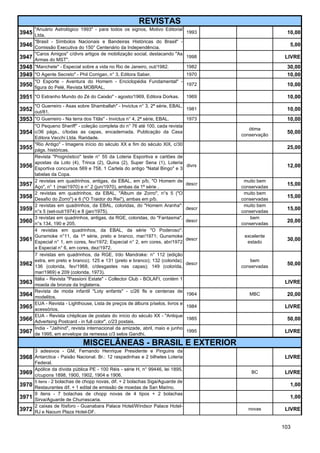 REVISTAS
       "Anuário Astrológico 1993" - para todos os signos, Motivo Editorial
3945 Ltda.                                                                        1993                   10,00
       "Brasil - Símbolos Nacionais e Bandeiras Históricas do Brasil" -
3946 Comissão Executiva do 150° Centenário da Independência.                                              5,00
       "Caros Amigos" c/divrs artigos de mobilização social, destacando "As
3947 Armas do MST".                                                               1998                   LIVRE
3948 "Manchete" - Especial sobre a vida no Rio de Janeiro, out/1982.              1982                   30,00
3949 "O Agente Secreto" - Phil Corrigan, n° 3, Editora Saber.       1970                                 10,00
       "O Esporte - Aventura do Homem - Enciclopédia Fundamental" -
3950   figura do Pelé, Revista MOBRAL.
                                                                    1972                                 10,00

3951 "O Estranho Mundo do Zé do Caixão" - agosto/1969, Editora Dorkas.            1969                   10,00
       "O Guerreiro - Asas sobre Shamballah" - Invictus n° 3, 2ª série, EBAL,
3952 out/81.                                                                      1981                   10,00
3953 "O Guerreiro - Na terra dos Titãs" - Invictus n° 4, 2ª série, EBAL.          1973                   10,00
       "O Pequeno Sheriff" - coleção completa do n° 76 até 100, cada revista
                                                                                             ótima
3954   c/36 págs., c/todas as capas, encadernada. Publicação da Casa
                                                                                          conservação
                                                                                                         50,00
       Editora Vecchi Ltda. Raridade.
       "Rio Antigo" - Imagens início do século XX e fim do século XIX, c/30
3955   págs. históricas.
                                                                                                         25,00
       Revista "Prognóstico" teste n° 55 da Loteria Esportiva e cartões de
       apostas da Loto (4), Trinca (2), Quina (2), Super Sena (1), Loteria
3956   Esportiva concursos 569 e 758, 1 Cartela do antigo "Natal Bingo" e 3
                                                                                  divrs                  12,00
       tabelas da Copa.
       2 revistas em quadrinhos, antigas, da EBAL, em p/b, "O Homem de                     muito bem
3957   Aço", n° 1 (mai/1970) e n° 2 (jun/1970), ambas da 1ª série .
                                                                                  descr
                                                                                          conservadas
                                                                                                         15,00
       2 revistas em quadrinhos, da EBAL, "Álbum de Zorro", n°s 5 ("O                      muito bem
3958   Desafio do Zorro") e 6 ("O Traidor do Rei"), ambas em p/b.                         conservadas
                                                                                                         15,00
       2 revistas em quadrinhos, da EBAL, coloridas, do "Homem Aranha":                    muito bem
3959   n°s 5 (set-out/1974) e 8 (jan/1975).
                                                                                  descr
                                                                                          conservadas
                                                                                                         15,00
       3 revistas em quadrinhos, antigas, da RGE, coloridas, do "Fantasma",                   bem
3960   n°s 134, 190 e 205.
                                                                                  descr
                                                                                          conservadas
                                                                                                         20,00
       4 revistas em quadrinhos, da EBAL, da série "O Poderoso":
       Gunsmoke n°11, da 1ª série, preto e branco, mar/1971; Gunsmoke                      excelente
3961   Especial n° 1, em cores, fev/1972; Especial n° 2, em cores, abr/1972
                                                                                  descr
                                                                                            estado
                                                                                                         30,00
       e Especial n° 6, em cores, dez/1972.
       7 revistas em quadrinhos, da RGE, t/do Mandrake: n° 112 (edição
       extra, em preto e branco); 125 e 131 (preto e branco); 132 (colorida);                 bem
3962   136 (colorida, fev/1968, c/desgastes nas capas); 149 (colorida,
                                                                                  descr
                                                                                          conservadas
                                                                                                         50,00
       mar/1969) e 209 (colorida, 1973).
       Itália - Revista "Passioni Estate" - Collector Club - BOLAFI, contém 1
3963   moeda de bronze da Inglaterra.
                                                                                                         LIVRE
       Revista de moda infantil "Loty enfants" - c/26 fls e centenas de
3964   modelitos.
                                                                                  1964       MBC         20,00
       EUA - Revista - Lighthouse, Lista de preços de álbuns p/selos, livros e
3965   acessórios.
                                                                                  1984                   LIVRE
       EUA - Revista c/réplicas de postais do início do século XX - "Antique
3966   Advertsing Postcard - in full color", c/23 postais.
                                                                                  1985                   50,00
       Índia - "Jaihind", revista internacional da amizade, abril, maio e junho
3967   de 1995, em envelope da remessa c/3 selos Gandhi.
                                                                                  1995                   LIVRE

                              MISCELÂNEAS - BRASIL E EXTERIOR
       3 adesivos - GM, Fernando Henrique Presidente e Pinguins da
3968   Antarctica - Paixão Nacional. Br.: 12 raspadinhas e 2 bilhetes Loteria                            LIVRE
       Federal.
       Apólice da dívida pública PE - 100 Réis - série H, n° 99446, lei 1895,
3969   c/cupons 1898, 1900, 1902, 1904 e 1906.
                                                                                              BC         LIVRE
       5 itens - 2 bolachas de chopp novas, dif. + 2 bolachas Siga/Aguarde de
3970   Restaurantes dif. + 1 edital de emissão de moedas de San Marino.
                                                                                                          1,00
       9 itens - 7 bolachas de chopp novas de 4 tipos + 2 bolachas
3971   Sirva/Aguarde de Churrascaria.
                                                                                                          1,00
       2 caixas de fósforo - Guanabara Palace Hotel/Windsor Palace Hotel-
3972   RJ e Naoum Plaza Hotel-DF.
                                                                                            novas        LIVRE


                                                                                                        103
 