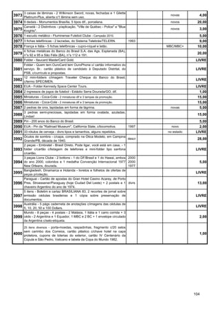 3 caixas de lâminas - 2 Wilkinson Sword, novas, fechadas e 1 Gilette
3973 Platinum-Plus, aberta c/1 lâmina sem uso.                                             novas         4,00
3974 9 dedais - Monumentos Brasília, 5 tipos dif., porcelana.                              novos       20,00
       Canadá - 2 Distintivos - p/aplicação, "Ville de Québec - Police" e "Blue
3975   Knights".
                                                                                           novos         3,00
3976   1 escudo metálico - Fluminense Futebol Clube - Campeão 2010.                                     5,00
3977 3 fichas telefônicas - 2 lacradas, do Sistema Telebrás/TELERN.               1993                  9,00
3978 França e Itália - 5 fichas telefônicas - cupro-níquel e latão.                       MBC/MBC+     10,00
       4 fichas metálicas do Banco do Brasil S.A. das Ags. Esplanada (BA),
3979 n°s 92 e 95 e São Félix (BA), n°s 112 e 191.                                                      20,00
3980 Folder - Itaucard MasterCard Gold.                                                                LIVRE
       Folder - Quem tem OuroCard tem OuroPhone c/ cartão informativo do
3981   serviço. Br.: cartão plástico de candidato à Deputado Distrital, do                             LIVRE
       PSB, c/currículo e propostas.
       12 mini-folders c/imagem Traveler Cheque do Banco do Brasil,
3982   c/termo SPECIMEN.
                                                                                                       LIVRE
3983   EUA - Folder Kennedy Space Center Tours.                                                        LIVRE
3984   2 ingressos de jogos de futebol - Estádio Serra Dourada/GO, dif.                                  1,00
3985   Miniaturas - Coca-Cola - 2 miniaturas dif e 3 tampas da promoção.                                15,00
3986   Miniaturas - Coca-Cola - 2 miniaturas dif e 3 tampas da promoção.                                15,00
3987   2 pedras de onix, lapidadas em forma de lágrima.                                    novas         5,00
       3 pedras semi-preciosas, lapidadas em forma ovalada, azuladas.
3988   Lindas!
                                                                                                       15,00
3989   Pin - 200 anos do Banco do Brasil.                                                                5,00
3990 EUA - Pin da "Railroad Museum", California State, c/locomotiva.              1997      novo         2,00
3991 33 rótulos de cerveja - divrs tipos e tamanhos, alguns repetidos.                    no estado    LIVRE
       Óculos de sombra - c/capa, comprado na Ótica Modelo, em Campina
3992 Grande/PB, década de 1940.                                                   descr                28,00
       2 peças - Embratel - Brasil Direto. Pode ligar, você está em casa. - 1
3993 folder c/cartão c/listagem de telefones e mini-folder tipo sanfona                                LIVRE
       c/cartão.
       3 peças Lions Clube - 2 bottons - 1 do DF/Brasil e 1 do Hawai, ambos       2000
3994   do ano 2000, coloridos e 1 medalha Convenção Internacional 1977            2000                   5,00
       New Orleans, dourada.                                                      1977
       Bangladesh, Dinamarca e Holanda - livretos e folhetos de ofertas de
3995   peças p/coleção.
                                                                                                       LIVRE
       Paraguai - Cartão de apostas do Gran Hotel Casino Acaray, de Porto
3996   Pres. Stroessener/Paraguay (hoje Ciudad Del Leste) + 2 postais e 1         divrs                13,00
       chaveiro Argentino do ano de 1974.
       5 itens - Boletim e cartaz BRASILIANA 83, 2 recortes de jornal sobre
3997   emissão cédulas brasileiras e 1 cópia sobre preservação de                                      LIVRE
       documentos.
       Austrália - 5 págs caderneta de anotações c/imagens das cédulas de
3998   5, 10, 20, 50 e 100 Dollars.
                                                                                                       LIVRE
       Mundo - 8 peças - 4 postais - 2 Malásia, 1 Itália e 1 carro corrida + 3
3999   céds - 2 Argentina e 1 Equador, 1 MBC e 2 BC + 1 envelope circulado                               2,00
       da Argentina c/selo-etiqueta.

       25 itens diversos - porta-moedas, raspadinhas, fragmento c/20 selos
       sem carimbo dos Correios, cartão plástico c/chave hotel na capa
4000 protetora, cupons de loterias do exterior, cartão IV Centenário da                                  1,00
       Cúpula e São Pedro, Vaticano e tabela da Copa do Mundo 1982.




                                                                                                      104
 