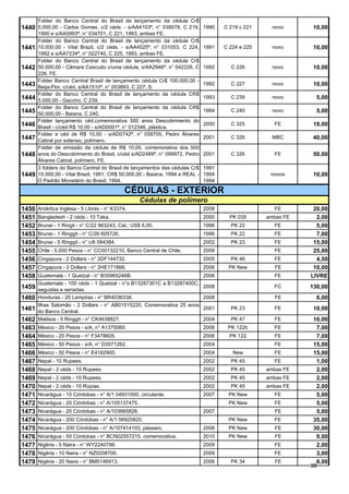 Folder do Banco Central do Brasil de lançamento da cédula Cr$
1440 5.000,00 - Carlos Gomes, c/2 céds. - s/AA4103ª, n° 038078, C 219, 1990           C 219 c 221     novo      10,00
       1990 e s/AA5993ª, n° 034701, C 221, 1993, ambas FE.
       Folder do Banco Central do Brasil de lançamento da cédula Cr$
1441   10.000,00 - Vital Brazil, c/2 céds. - s/AA4525ª, n° 031053, C 224,      1991   C 224 e 225     novo      10,00
       1992 e s/AA7234ª, n° 022740, C 225, 1993, ambas FE.
       Folder do Banco Central do Brasil de lançamento da cédula Cr$
1442   50.000,00 - Câmara Cascudo c/uma cédula, s/AA2946ª, n° 042226, C        1992     C 226         novo      10,00
       226, FE.
       Folder Banco Central Brasil de lançamento cédula Cr$ 100.000,00 -
1443   Beija-Flor, c/céd, s/AA1510ª, n° 053893, C 227, S.
                                                                               1992     C 227         novo      10,00
       Folder do Banco Central do Brasil de lançamento da cédula CR$
1444   5.000,00 - Gaúcho, C 239.
                                                                               1993     C 239         novo       5,00
       Folder do Banco Central do Brasil de lançamento da cédula CR$
1445   50.000,00 - Baiana, C 240.
                                                                               1994     C 240         novo       5,00
       Folder lançamento céd.comemorativa 500 anos Descobrimento do
1446   Brasil - c/céd R$ 10,00 - s/AD0001ª, n° 012346, plástica.
                                                                               2000     C 325         FE        18,00
       Folder e céd de R$ 10,00 - s/AD0742ª, n° 058705, Pedro Álvares
1447   Cabral por extenso, polímero.
                                                                               2001     C 326         MBC       40,00
       Folder de emissão da cédula de R$ 10,00, comemorativa dos 500
1448   anos do Descobrimento do Brasil, c/céd s/AD2489ª, n° 099972, Pedro      2001     C 326         FE        50,00
       Álvares Cabral, polímero, FE.
       3 folders do Banco Central do Brasil de lançamentos das cédulas Cr$     1991
1449   10.000,00 - Vital Brazil, 1991; CR$ 50.000,00 - Baiana, 1994 e REAL -   1994                  novos      10,00
       O Padrão Monetário do Brasil, 1994.                                     1994

                                              CÉDULAS - EXTERIOR
                                                    Cédulas de polímero
1450   Antártica Inglesa - 5 Libras - n° K3374.                                2008                   FE        20,00
1451   Bangladesh - 2 céds - 10 Taka.                                          2000     PK 035      ambas FE     2,00
1452   Brunei - 1 Ringit - n° C/22 963243, Cat.: US$ 6,00.                     1996     PK 22         FE         5,00
1453   Brunei - 1 Ringgit - n° C/26 605726.                                    1996     PK 22         FE         7,00
1454   Brunei - 5 Ringgit - n° c/6 094384.                                     2002     PK 23         FE        15,00
1455   Chile - 5.000 Pesos - n° CC00132210, Banco Central de Chile.            2009                   FE        25,00
1456   Cingapura - 2 Dollars - n° 2DF144732.                                   2005     PK 46         FE         4,50
1457   Cingapura - 2 Dollars - n° 2HE171866.                                   2006    PK New         FE        10,00
1458   Guatemala - 1 Quetzal - n° B35965246B.                                  2006                   FE       LIVRE
       Guatemala - 100 céds - 1 Quetzal - n°s B13287301C a B13287400C,
1459   seguidas e seriadas.
                                                                               2008                   FC       130,00
1460   Honduras - 20 Lempiras - n° BR4036338.                                  2008                   FE         6,00
       Ilhas Salomão - 2 Dollars - n° AB01015220, Comemorativa 25 anos
1461   do Banco Central.
                                                                               2001     PK 23         FE        10,00
1462   Malásia - 5 Ringgit - n° CK4638827.                                     2004     PK 47         FE        10,00
1463   México - 20 Pesos - s/A, n° A1375060.                                   2006    PK 122b        FE         7,00
1464   México - 20 Pesos - n° F3478605.                                        2006     PK 122        FE         7,00
1465   México - 50 Pesos - s/A, n° D3571262.                                   2004                   FE        15,00
1466   México - 50 Pesos - n° E4162900.                                        2004      New          FE        15,00
1467   Nepal - 10 Rupees.                                                      2002     PK 45         FE         1,00
1468   Nepal - 2 céds - 10 Rupees.                                             2002     PK 45       ambas FE     2,00
1469   Nepal - 2 céds - 10 Rupees.                                             2002     PK 45       ambas FE     2,00
1470   Nepal - 2 céds - 10 Rúpias.                                             2002     PK 45       ambas FE     2,00
1471   Nicarágua - 10 Córdobas - n° A/1 04931000, circulante.                  2007    PK New         FE         5,00
1472   Nicarágua - 20 Córdobas - n° A/105137475.                                       PK New         FE         5,00
1473   Nicarágua - 20 Córdobas - n° A/103665826.                               2007                   FE         5,00
1474   Nicarágua - 200 Córdobas - n° A/1 06925820.                                     PK New         FE        35,00
1475   Nicarágua - 200 Córdobas - n° A/107414103, pássaro.                     2008    PK New         FE        30,00
1476   Nicarágua - 50 Córdobas - n° BCN02557215, comemorativa.                 2010    PK New         FE         9,00
1477   Nigéria - 5 Naira - n° WY2240786.                                       2009                   FE         2,00
1478   Nigéria - 10 Naira - n° NZ0208700.                                      2009                   FE         3,00
1479   Nigéria - 20 Naira - n° BM5146913.                                      2006     PK 34         FE         6,00
                                                                                                               38
 