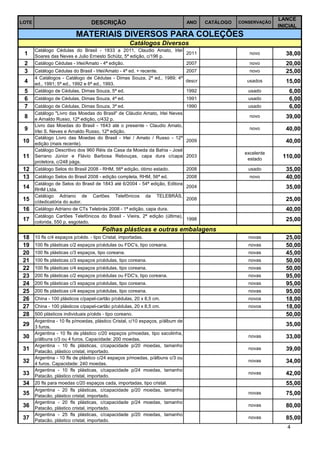 LANCE
LOTE                               DESCRIÇÃO                                     ANO    CATÁLOGO   CONSERVAÇÃO
                                                                                                                 INICIAL
                             MATERIAIS DIVERSOS PARA COLEÇÕES
                                                      Catálogos Diversos
       Catálogo Cédulas do Brasil - 1833 a 2011, Claudio Amato, Irlei
 1     Soares das Neves e Julio Ernesto Schütz, 5ª edição, c/196 p.
                                                                      2011                             novo         38,00
 2     Catálogo Cédulas - Irlei/Amato - 4ª edição.                    2007                             novo         20,00
 3     Catálogo Cédulas do Brasil - Irlei/Amato - 4ª ed. + recente.      2007                          novo         25,00
       4 Catálogos - Catálogo de Cédulas - Dimas Souza, 2ª ed., 1989; 4ª
 4     ed., 1991; 5ª ed., 1992 e 6ª ed., 1993.
                                                                         descr                        usados        15,00
 5     Catálogo de Cédulas, Dimas Souza, 5ª ed.                          1992                         usado          6,00
 6     Catálogo de Cédulas, Dimas Souza, 4ª ed.                                  1991                 usado          6,00
 7     Catálogo de Cédulas, Dimas Souza, 3ª ed.                            1990                       usado          6,00
       Catálogo "Livro das Moedas do Brasil" de Cláudio Amato, Irlei Neves
 8     e Arnaldo Russo, 12ª edição, c/432 p.
                                                                                                       novo         39,00
       Livro das Moedas do Brasil - 1643 até o presente - Claudio Amato,
 9     Irlei S. Neves e Arnaldo Russo, 12ª edição.
                                                                                                       novo         40,00
       Catálogo Livro das Moedas do Brasil - Irlei / Amato / Russo - 12ª
 10    edição (mais recente).
                                                                           2009                                     40,00
       Catálogo Descritivo dos 960 Réis da Casa da Moeda da Bahia - José
                                                                                                     excelente
 11    Serrano Júnior e Flávio Barbosa Rebouças, capa dura c/capa 2003
                                                                                                      estado
                                                                                                                  110,00
       protetora, c/248 págs.
 12 Catálogo Selos do Brasil 2008 - RHM, 56ª edição, ótimo estado.               2008                 usado         35,00
 13 Catálogo Selos do Brasil 2008 - edição completa, RHM, 56ª ed.                2008                  novo         40,00
       Catálogo de Selos do Brasil de 1843 até 6/2004 - 54ª edição, Editora
 14 RHM Ltda.                                                                    2004                               35,00
       Catálogo    Adriano    de    Cartões    Telefônicos      da   TELEBRÁS,
 15 c/dedicatória do autor.                                                      2008                               25,00
 16 Catálogo Adriano de CTs Telebrás 2008 - 1ª edição, capa dura.                                                   40,00
       Catálogo Cartões Telefônicos do Brasil - Vieira, 2ª edição (última),
 17 colorida, 550 p, esgotado.                                                   1998                               25,00
                                        Folhas plásticas e outras embalagens
 18    10 fls c/4 espaços p/céds. - tipo Cristal, importadas.                                         novas         25,00
 19    100 fls plásticas c/2 espaços p/cédulas ou FDC's, tipo coreana.                                novas         50,00
 20    100 fls plásticas c/3 espaços, tipo coreana.                                                   novas         45,00
 21    100 fls plásticas c/3 espaços p/cédulas, tipo coreana.                                         novas         50,00
 22    100 fls plásticas c/4 espaços p/cédulas, tipo coreana.                                         novas         50,00
 23    200 fls plásticas c/2 espaços p/cédulas ou FDC's, tipo coreana.                                novas         95,00
 24    200 fls plásticas c/3 espaços p/cédulas, tipo coreana.                                         novas         95,00
 25    200 fls plásticas c/4 espaços p/cédulas, tipo coreana.                                         novas         95,00
 26    China - 100 plásticos c/papel-cartão p/cédulas, 20 x 8,5 cm.                                   novos         18,00
 27    China - 100 plásticos c/papel-cartão p/cédulas, 20 x 8,5 cm.                                   novos         18,00
 28    500 plásticos individuais p/céds - tipo coreano.                                                             50,00
       Argentina - 10 fls p/moedas, plástico Cristal, c/10 espaços, p/álbum de
 29    3 furos.
                                                                                                                    35,00
       Argentina - 10 fls de plástico c/20 espaços p/moedas, tipo sacolinha,
 30    p/álbuns c/3 ou 4 furos. Capacidade: 200 moedas.
                                                                                                      novas         33,00
       Argentina - 10 fls plásticas, c/capacidade p/20 moedas, tamanho
 31    Patacão, plástico cristal, importado.
                                                                                                      novas         39,00
       Argentina - 10 fls de plástico c/24 espaços p/moedas, p/álbuns c/3 ou
 32    4 furos. Capacidade: 240 moedas.
                                                                                                      novas         34,00
       Argentina - 10 fls plásticas, c/capacidade p/24 moedas, tamanho
 33    Patacão, plástico cristal, importado.
                                                                                                      novas         42,00
 34    20 fls para moedas c/20 espaços cada, importadas, tipo cristal.                                              55,00
       Argentina - 20 fls plásticas, c/capacidade p/20 moedas, tamanho
 35    Patacão, plástico cristal, importado.
                                                                                                      novas         75,00
       Argentina - 20 fls plásticas, c/capacidade p/24 moedas, tamanho
 36    Patacão, plástico cristal, importado.
                                                                                                      novas         80,00
       Argentina - 25 fls plásticas, c/capacidade p/20 moedas, tamanho
 37    Patacão, plástico cristal, importado.
                                                                                                      novas         85,00
                                                                                                                    4
 