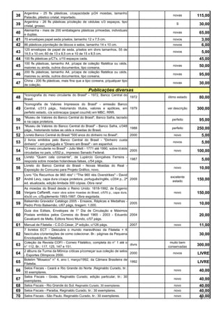 Argentina - 25 fls plásticas, c/capacidade p/24 moedas, tamanho
38 Patacão, plástico cristal, importado.                                                   novas        115,00
     Argentina - 26 fls plásticas p/coleção de cédulas c/3 espaços, tipo
39 cristal, grosso.                                                                          S           30,00
     Alemanha - mais de 200 embalagens plásticas p/moedas, individuais
40 e duplas.                                                                               novas         65,00
41 70 envelopes papel seda p/selos, tamanho 12 x 7,5 cm.                                   novos          3,00
42 86 plásticos p/proteção de blocos e selos, tamanho 14 x 10 cm.                          novos          6,00
     125 envelopes de papel de seda, p/selos em divrs tamanhos, 55 de
43 14,5 x 10 cm; 60 de 13 x 8,5 cm e 10 de 15 x 8,5 cm.                                    novos          5,00
44 100 fls plásticas p/CTs, c/10 espaços cada.                                                           45,00
     100 fls plásticas, tamanho A4, p/capa de coleção filatélica ou céds.
45   maiores ou ainda, outros documentos, tipo coreana.
                                                                                           novas         50,00
     200 fls plásticas, tamanho A4, p/capa de coleção filatélica ou céds.
46   maiores ou ainda, outros documentos, tipo coreana.
                                                                                           novas         95,00
     China - 200 fls plásticas, mais fina que a tipo coreana, p/qualquer tipo
47   de coleção.
                                                                                           novas         30,00
                                                  Publicações diversas
     "Iconografia do meio circulante do Brasil" - 1972, Banco Central do
48   Brasil.
                                                                         1972           ótimo estado     80,00
     "Iconografia de Valores Impressos do Brasil" - emissão Banco
49 Central, c/313 págs., historiando títulos, valores e apólices, em 1979               ver descrição   300,00
     perfeito estado, c/a sobrecapa (papel couchê) em MBC. RRR.
     "Museu de Valores do Banco Central do Brasil", Banco Safra, lacrado
50 e na capa protetora.                                                                   perfeito       95,00
     "Museu de Valores do Banco Central do Brasil" - Banco Safra, c/348
51 págs., historiando todas as céds e moedas do Brasil.                          1988     perfeito      250,00
52 Livreto Banco Central do Brasil "500 anos do dinheiro no Brasil".           2000         novo          5,00
     2 livros emitidos pelo Banco Central do Brasil - "Dinheiro custa
53   dinheiro" - em português e "Dinero em Brasil" - em espanhol.
                                                                                           novos          5,00
     "O meio circulante no Brasil" - Julio Meili - 1771 até 1990, sobre t/céds
54   circuladas no país, c/552 p., impresso Senado Federal.
                                                                               2005         novo        100,00
     Livreto "Quem cala consente", de Lupércio Gonçalves Ferreira -
55   resposta sobre moedas holandesas falsas, c/54 págs.
                                                                               1987                       5,00
     Livreto do Banco Central do Brasil - Novas Moedas do Real -
56   Exposição do Concurso para Projeto Gráfico, novo.
                                                                                            novo         10,00
     Livro "Os Recunhos de 960 réis" / "The 960 réis Overstrikes" - David
                                                                                         excelente
57 André Levy, capa dura c/capa protetora, português/inglês, c/204 p., 2ª 2009            estado
                                                                                                        150,00
     ed. atualizada, edição limitada 300 cópias. Obra rara!
     As moedas do Brasil desde o Reino Unido: 1818-1992, de Eugenio
58 Vergara Caffarelli, maior obra sobre moedas do Brasil, c/570 p., capa dura,              novo        150,00
     40x30 cm, c/Suplemento 1993-1997. Obra esgotada.
     Balsemão Gravador Catálogo 2005 - Ensaios, Réplicas e Medalhas -
59 Pedro Pinto Balsemão, c/67 págs, tiragem: 1.000.                              2005       novo         10,00
     Guia dos Editais, Envelopes de 1° Dia de Circulação e Máximos
60 Postais emitidos pelos Correios do Brasil 1965 - 2003 - Eduardo 2004                                  20,00
     Cavalcanti de Mello, Editora Novo Mundo, c/57 págs.
61 Manual de Filatelia - C.D.D.César, 2ª edição, c/126 págs.                     2007       novo         11,00
     7 livretos ECT - Descubra o mundo maravilhoso da Filatelia + 6
62   fascículos c/orientações de como colecionar. Br.: páginas da Pequena                                30,00
     Enciclopédia do Filatelista.
     Coleção da Revista COFI - Correio Filatélico, completa do n° 1 até o                muito bem
63   n° 112, Br.: 117, 125, 147 e 151.
                                                                          divrs
                                                                                        conservadas
                                                                                                        300,00
     2 álbuns da Turma da Mônica c/dicas p/começar sua coleção de selos
64   - Esportes Olímpicos 2000.
                                                                          2000             novos        LIVRE
     Boletim "Mosaico" n° 4, ano I, março/1992, da Câmara Brasileira de
65   Filatelia.
                                                                          1992                          LIVRE
     Selos Fiscais - Ceará e Rio Grande do Norte ,Reginaldo Curado, tir.:
66   30 exemplares.
                                                                                            novo         40,00
     Selos Fiscais - Goiás, Reginaldo Curado, edição particular, tir.: 30
67   exemplares.
                                                                                            novo         40,00
68   Selos Fiscais - Rio Grande do Sul, Reginaldo Curado, 30 exemplares.                    novo         40,00
69 Selos Fiscais - Paraiba, Reginaldo Curado, tir.: 30 exemplares.                          novo         40,00
70 Selos Fiscais - São Paulo, Reginaldo Curado, tir.: 30 exemplares.                        novo         40,00
                                                                                                         5
 