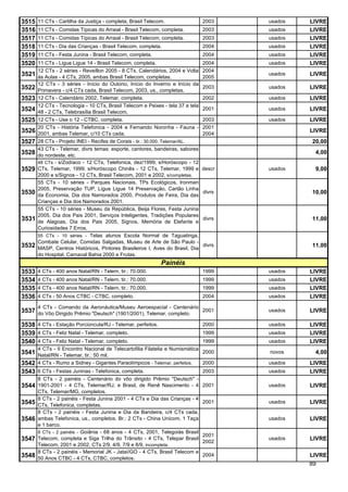 3515   11 CTs - Cartilha da Justiça - completa, Brasil Telecom.                 2003    usados   LIVRE
3516   11 CTs - Comidas Típicas do Arraial - Brasil Telecom, completa.          2003    usados   LIVRE
3517   11 CTs - Comidas Típicas do Arraial - Brasil Telecom, completa.          2003    usados   LIVRE
3518   11 CTs - Dia das Crianças - Brasil Telecom, completa.                    2004    usados   LIVRE
3519   11 CTs - Festa Junina - Brasil Telecom, completa.                        2004    usados   LIVRE
3520   11 CTs - Ligue Ligue 14 - Brasil Telecom, completa.                      2004    usados   LIVRE
       12 CTs - 2 séries - Reveillon 2005 - 8 CTs, Calendários, 2004 e Volta    2004
3521   às Aulas - 4 CTs, 2005, ambas Brasil Telecom, completas.                 2005
                                                                                        usados   LIVRE
       12 CTs - 3 séries - Início do Outono, Início do Inverno e Início da
3522   Primavera - c/4 CTs cada, Brasil Telecom, 2003, us., completas.
                                                                                2003    usados   LIVRE
3523   12 CTs - Calendário 2002, Telemar, completa.                             2002    usados   LIVRE
       12 CTs - Tecnologia - 10 CTs, Brasil Telecom e Peixes - tela 37 e tela
3524   48 - 2 CTs, Telebrasília Brasil Telecom.
                                                                                2001    usados   LIVRE
3525   12 CTs - Use o 12 - CTBC, completa.                                      2003    usados   LIVRE
       20 CTs - História Telefonica - 2004 e Fernando Noronha - Fauna -         2001
3526   2001, ambas Telemar, c/10 CTs cada.                                      2004
                                                                                                 LIVRE
3527   28 CTs - Projeto INEI - Recifes de Corais - tir.: 30.000, Telemar/AL.                     20,00
       43 CTs - Telemar, divrs temas: esporte, cantores, bandeiras, sabores
3528   do nordeste, etc.
                                                                                                  4,00
       48 CTs - s/Zodíaco - 12 CTs, Telefonica, dez/1999; s/Horóscopo - 12
3529   CTs, Telemar, 1999; s/Horóscopo Chinês - 12 CTs, Telemar, 1999 e         descr   usados    9,00
       2000 e s/Signos - 12 CTs, Brasil Telecom, 2001 e 2002 , s/completas.
       55 CTs - 10 séries - Parques Nacionais, TPs Ecológicos, Ironman
       2005, Preservação TUP, Ligue Ligue 14 Preservação, Cartão Linha
3530   da Economia, Dia dos Namorados 2000, Produtos de Feira, Dia das
                                                                                divrs            10,00
       Crianças e Dia dos Namorados 2001.
       55 CTs - 10 séries - Museu da República, Beija Flores, Festa Junina
       2005, Dia dos Pais 2001, Serviços Inteligentes, Tradições Populares
3531   de Alagoas, Dia dos Pais 2005, Signos, Memória de Elefante e
                                                                                divrs            11,00
       Curiosidades 7 Erros.
       55 CTs - 10 séries - Telas alunos Escola Normal de Taguatinga,
       Combate Celular, Comidas Salgadas, Museu de Arte de São Paulo -
3532   MASP, Centros Históricos, Pintores Brasileiros I, Aves do Brasil, Dia
                                                                                divrs            11,00
       do Hospital, Carnaval Bahia 2000 e Frutas.
                                                             Painéis
3533   4 CTs - 400 anos Natal/RN - Telern, tir.: 70.000.                        1999    usados   LIVRE
3534   4 CTs - 400 anos Natal/RN - Telern, tir.: 70.000.                        1999    usados   LIVRE
3535   4 CTs - 400 anos Natal/RN - Telern, tir.: 70.000.                        1999    usados   LIVRE
3536   4 CTs - 50 Anos CTBC - CTBC, completo.                                   2004    usados   LIVRE
       4 CTs - Comando da Aeronáutica/Museu Aeroespacial - Centenário
3537 do Vôo Dirigido Prêmio "Deutsch" (1901/2001), Telemar, completo.           2001    usados   LIVRE

3538 4 CTs - Estação Porciúncula/RJ - Telemar, perfeitos.                       2000    usados   LIVRE
3539 4 CTs - Feliz Natal - Telemar, completo.                                   1999    usados   LIVRE
3540 4 CTs - Feliz Natal - Telemar, completo.                                   1999    usados   LIVRE
       4 CTs - II Encontro Nacional de Telecartofilia Filatelia e Numismática
3541   Natal/RN - Telemar, tir.: 50 mil.
                                                                              2000      novos     4,00
3542   4 CTs - Rumo a Sidney - Gigantes Paraolímpicos - Telemar, perfeitos.   2000      usados   LIVRE
3543 6 CTs - Festas Juninas - Telefonica, completa.                             2003    usados   LIVRE
       8 CTs - 2 painéis - Centenário do vôo dirigido Prêmio "Deutsch" -
3544 1901-2001 - 4 CTs, Telemar/RJ, e Brasil, de Renê Nascimento - 4 2001               usados   LIVRE
       CTs, Telemar/MG, completos.
       8 CTs - 2 painéis - Festa Junina 2001 - 4 CTs e Dia das Crianças - 4
3545   CTs, Telefonica, completas.
                                                                                2001    usados   LIVRE
       8 CTs - 2 painéis - Festa Junina e Dia da Bandeira, c/4 CTs cada,
3546   ambas Telefonica, us., completos. Br.: 2 CTs - China Unicom, 1 Taça              usados   LIVRE
       e 1 barco.
       8 CTs - 2 painéis - Goiânia - 68 anos - 4 CTs, 2001, Telegoiás Brasil
                                                                                2001
3547   Telecom, completa e Siga Trilha do Trânsito - 4 CTs, Telepar Brasil
                                                                                2002
                                                                                        usados   LIVRE
       Telecom, 2001 e 2002, CTs 2/9, 4/9, 7/9 e 8/9, incompleta.
       8 CTs - 2 painéis - Memorial JK - Jataí/GO - 4 CTs, Brasil Telecom e
3548   50 Anos CTBC - 4 CTs, CTBC, completos.
                                                                                2004             LIVRE
                                                                                                 89
 