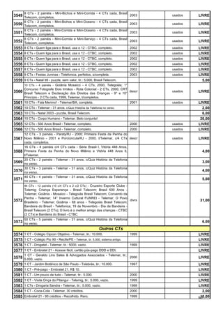 8 CTs - 2 painéis - Mini-Bichos e Mini-Corrida - 4 CTs cada, Brasil
3549 Telecom, completos.                                                           2003   usados   LIVRE
       8 CTs - 2 painéis - Mini-Bichos e Mini-Oceano - 4 CTs cada, Brasil
3550 Telecom, completos.                                                           2003   usados   LIVRE
       8 CTs - 2 painéis - Mini-Corrida e Mini-Oceano - 4 CTs cada, Brasil
3551 Telecom, completos.                                                           2003   usados   LIVRE
       8 CTs - 2 painéis - Mini-Corrida e Mini-Serviço - 4 CTs cada, Brasil
3552 Telecom, completos.                                                           2003   usados   LIVRE
3553 8 CTs - Quem liga para o Brasil, usa o 12 - CTBC, completo.                   2002   usados   LIVRE
3554 8 CTs - Quem liga para o Brasil, usa o 12 - CTBC, completo.                   2002   usados   LIVRE
3555 8 CTs - Quem liga para o Brasil, usa o 12 - CTBC, completo.                   2002   usados   LIVRE
3556 8 CTs - Quem liga para o Brasil, usa o 12 - CTBC, completo.                   2002   usados   LIVRE
3557 8 CTs - Quem liga para o Brasil, usa o 12 - CTBC, completo.                   2002   usados   LIVRE
3558 9 CTs - Festas Juninas - Telefonica, perfeitos, s/completa.                   2003   usados   LIVRE
3559 9 CTs - Natal 99 - puzzle, sem valor, tir.: 5.000, Brasil Telecom.                              5,00
       10 CTs - 4 painéis - Goiânia Mosaico - 4 CTs, 2000, Telegoiás; 1°
       Concurso Fotografe Dois Irmãos - Rota Colonial - 2 CTs, 2000, CRT
3560 Brasil Telecom e Declaração dos Direitos das Crianças - 9° e 10° descr               usados   LIVRE
       Princípio - 2 CTs cada, 1999, Telemar, t/completos.
3561   10 CTs - Fala Menino! - Telemar/BA, completa.                               2001   usados   LIVRE
3562   10 CTs - Telemar - 31 anos, c/Quiz História da Telefonia no verso.                            2,00
3563   10 CTs - Natal 2003 - puzzle, Brasil Telecom.                                                 6,00
3564   10 CTs - Corpo Humano - Telemar. Belo conjunto!                                              20,00
3565   12 CTs - 500 Anos Brasil - Telemar, completo.                               2000   usados   LIVRE
3566   12 CTs - 500 Anos Brasil - Telemar, completo.                               2000   usados   LIVRE
       12 CTs - 3 painéis - Paraty/RJ - 2000; Primeira Festa da Penha do
3567 Novo Milênio - 2001 e Porciúncula/RJ - 2000, t/Telemar, c/4 CTs descr                usados   LIVRE
       cada, completos.
       16 CTs - 4 painéis c/4 CTs cada - Série Brasil I, Vitória 448 Anos,
3568   Primeira Festa da Penha do Novo Milênio e Vitória 448 Anos II,                                4,00
       t/Telemar.
       20 CTs - 2 painéis - Telemar - 31 anos, c/Quiz História da Telefonia
3569   no verso.
                                                                                                     3,00
       30 CTs - 3 painéis - Telemar - 31 anos, c/Quiz História da Telefonia
3570   no verso.
                                                                                                     4,00
       40 CTs - 4 painéis - Telemar - 31 anos, c/Quiz História da Telefonia
3571   no verso.
                                                                                                     5,00
       44 CTs - 12 painéis (10 c/4 CTs e 2 c/2 CTs) - Cruzeiro Esporte Clube -
       Telemig; Criança Esperança - Brasil Telecom; Brasil 500 Anos -
       Telemar; Goiânia - Mosaico - Telegoiás Brasil Telecom; Convento da
       Penha - Telemar; 14° Inverno Cultural FUNREI - Telemar; O Povo
3572   Brasileiro - Telemar; Goiânia - 68 anos - Telegoiás Brasil Telecom;
                                                                               divrs               31,00
       Bandeira do Brasil - Telefonica; 19 de Novembro - Dia da Bandeira -
       Brasil Telecom (2 CTs); O livro é o melhor amigo das crianças - CTBC
       (2 CTs) e Bandeira do Brasil - CTBC
       50 CTs - 5 painéis - Telemar - 31 anos, c/Quiz História da Telefonia
3573 no verso.                                                                                       6,00
                                                               Outros CTs
3574   1 CT - Colégio Cipcon Objetivo - Telemar, tir.: 10.000.                     1999            LIVRE
3575   1 CT - Colégio Pio XII - Recife/PE - Telemar, tir. 5.000, sistema antigo.                   LIVRE
3576   1 CT - Drogatel - Telemar, tir.: 5000, vazio.                               1999            LIVRE
3577   1 CT - Embratel 21 - Acesse fácil, cartão pós-pago DDD e DDI.                               LIVRE
       1 CT - Geraldo Lins Sales & Advogados Associados - Telemar, tir.:
3578   5.000, vazio.
                                                                         2000                      LIVRE
3579   1 CT - Jardim Botânico de São Paulo - Telebrás, tir.: 10.000.     1997                      LIVRE
3580   1 CT - Pré-pago - Embratel 21, R$ 10.                                                       LIVRE
3581   1 CT - Um pouco de tudo - Telemar, tir.: 5.000.                             2000            LIVRE
3582   1 CT - Visite Onça do Pitangui - Telemig, tir.: 5.000, vazio.               1999            LIVRE
3583   1 CTs - Drogaria Sandra - Telemar, tir.: 5.000, vazio.                      1999            LIVRE
3584   1 CT - Coca-Cola - Telemar, 30 créditos.                                    2000              2,00
3585   Embratel 21 - 90 créditos - Recolhido. Raro.                                1999             10,00
                                                                                                   90
 