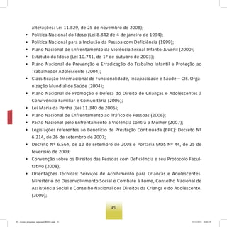 45
alterações: Lei 11.829, de 25 de novembro de 2008);
• Política Nacional do Idoso (Lei 8.842 de 4 de janeiro de 1994);
• Política Nacional para a Inclusão da Pessoa com Deficiência (1999);
• Plano Nacional de Enfrentamento da Violência Sexual Infanto-Juvenil (2000);
• Estatuto do Idoso (Lei 10.741, de 1º de outubro de 2003);
• Plano Nacional de Prevenção e Erradicação do Trabalho Infantil e Proteção ao
Trabalhador Adolescente (2004);
• Classificação Internacional de Funcionalidade, Incapacidade e Saúde – CIF. Orga-
nização Mundial de Saúde (2004);
• Plano Nacional de Promoção e Defesa do Direito de Crianças e Adolescentes à
Convivência Familiar e Comunitária (2006);
• Lei Maria da Penha (Lei 11.340 de 2006);
• Plano Nacional de Enfrentamento ao Tráfico de Pessoas (2006);
• Pacto Nacional pelo Enfrentamento à Violência contra a Mulher (2007);
• Legislações referentes ao Benefício de Prestação Continuada (BPC): Decreto Nº
6.214, de 26 de setembro de 2007;
• Decreto Nº 6.564, de 12 de setembro de 2008 e Portaria MDS Nº 44, de 25 de
fevereiro de 2009;
• Convenção sobre os Direitos das Pessoas com Deficiência e seu Protocolo Facul-
tativo (2008);
• Orientações Técnicas: Serviços de Acolhimento para Crianças e Adolescentes.
Ministério do Desenvolvimento Social e Combate à Fome, Conselho Nacional de
Assistência Social e Conselho Nacional dos Direitos da Criança e do Adolescente.
(2009);
03 - livreto_perguntas_respostasCREAS.indd 45 15/12/2011 10:42:19
 