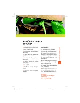 HAMBÚRGUER CASEIRO
                COM AVEIA
                ñ 2 batatas inglesas médias (300g);      Modo de preparo:




                                                                                                   RECEITAS PARA PRIMAVERA
                ñ 500g de carne moída;                   1 - Cozinhe e esprema as batatas;
                ñ 5 colheres de sopa de aveia em         2 - Misture bem todos os ingredientes;
                flocos (50g);
                                                         3 - Molde os hambúrgueres em utensí-
                ñ 1 cebola média (70g) ralada ou bem     lio próprio ou abra usando um plástico
                picada;                                  por cima e outro por baixo da massa
                                                         de carne. Corte com a boca de uma
                ñ 1 dente de alho socado ou
                                                         xícara de chá;
                espremido;
                                                         4 - Unte um refratário ou tabuleiro com
                ñ 1 xícara de chá rasa (20g) de cheiro
                                                         óleo, arrume os hambúrgueres e salpi-
                verde picado;
                                                         que o orégano por cima;                   12
                ñ sal a gosto;
                                                         5 - Asse em forno médio até que a
                ñ 1 colher de sopa de óleo (para         carne fique morena;
                untar);
                                                           Dica: Caso a massa não fique na
                ñ 1 colher de sobremesa rasa de          consistência desejada, coloque um pou-
                orégano.                                 co de farinha de trigo e misture bem.

                                                         Rendimento:
                                                         10 unidades com cerca 90g cru
                                                         e 80g assado.
                                                         VET: 172,77kcal/100g
                                                         VET:




livretofinal1.pmd                          15                               9/2/2006, 16:14
 