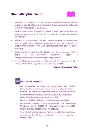 |	8	|	
| Pour aller plus loin… |
§ Chauvigné, C., & Coulet, J.-C. (2010). L’approche par compétences : un nouveau
paradigme pour la pédagogie universitaire ? Revue française de pédagogie.
Recherches en éducation, (172), p. 15-28.
§ Prégent, R., Bernard, H., & Kozanitis, A. (2009). Enseigner à l’université dans une
approche-programme : un défi à relever. Montréal : Presses Internationales
Polytechnique.
§ Sylvestre, E., & Berthiaume, D. (2013). Comment organiser un enseignement
dans le cadre d’une approche programme ? Dans La pédagogie de
l’enseignement supérieur : Tome 1 : Enseigner au supérieur (p. 105-118). Berne :
Peter Lang.
§ TELUQ, ETS, UQAM, UQAR, & UQTER. (2016). Approche-programme. Portail du
soutien à la pédagogie universitaire. Repéré à
http://pedagogie.uquebec.ca/portail/approche-programme
§ | A PARAÎTRE | Les cahiers de l’Idip sur L’élaboration de l’offre de formation 18-22
à l’Université de Strasbourg : méthodes et pratiques. Mai 2017.
| Ouvrages disponibles à l’Idip |
| Les textes de cadrage |
• Les référentiels nationaux de compétences des diplômes
(compétences disciplinaires, transversales, préprofessionnelles).
Exemple : les référentiels de compétences des mentions de licence :
http://www.enseignementsup-recherche.gouv.fr/cid61532/les-
referentiels-de-competences-en-licence.html
• Les fiches RNCP des diplômes : http://www.rncp.cncp.gouv.fr
• Le schéma directeur de l’offre de formation 18-22 de l’université de
Strasbourg : Seafile : OF2018 / 5 - Schéma directeur février 2016 /
Schéma directeur OF2018-CFVU-12-1-2016.pdf.
• Note ministérielle du 4 janvier 2017 sur la définition des blocs de
compétences dans l’enseignement supérieur (courrier transmis aux
composantes)
	 	
	 	
		 	
 