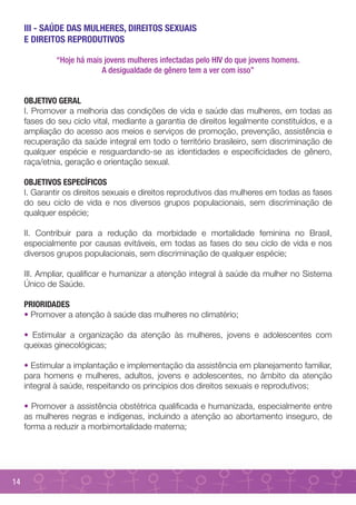 III - SAÚDE DAS MULHERES, DIREITOS SEXUAIS
     E DIREITOS REPRODUTIVOS

              “Hoje há mais jovens mulheres infectadas pelo HIV do que jovens homens.
                           A desigualdade de gênero tem a ver com isso”


     OBJETIVO GERAL
     I. Promover a melhoria das condições de vida e saúde das mulheres, em todas as
     fases do seu ciclo vital, mediante a garantia de direitos legalmente constituídos, e a
     ampliação do acesso aos meios e serviços de promoção, prevenção, assistência e
     recuperação da saúde integral em todo o território brasileiro, sem discriminação de
     qualquer espécie e resguardando-se as identidades e especificidades de gênero,
     raça/etnia, geração e orientação sexual.

     OBJETIVOS ESPECÍFICOS
     I. Garantir os direitos sexuais e direitos reprodutivos das mulheres em todas as fases
     do seu ciclo de vida e nos diversos grupos populacionais, sem discriminação de
     qualquer espécie;

     II. Contribuir para a redução da morbidade e mortalidade feminina no Brasil,
     especialmente por causas evitáveis, em todas as fases do seu ciclo de vida e nos
     diversos grupos populacionais, sem discriminação de qualquer espécie;

     III. Ampliar, qualificar e humanizar a atenção integral à saúde da mulher no Sistema
     Único de Saúde.

     PRIORIDADES
     • Promover a atenção à saúde das mulheres no climatério;

     • Estimular a organização da atenção às mulheres, jovens e adolescentes com
     queixas ginecológicas;

     • Estimular a implantação e implementação da assistência em planejamento familiar,
     para homens e mulheres, adultos, jovens e adolescentes, no âmbito da atenção
     integral à saúde, respeitando os princípios dos direitos sexuais e reprodutivos;

     • Promover a assistência obstétrica qualificada e humanizada, especialmente entre
     as mulheres negras e indígenas, incluindo a atenção ao abortamento inseguro, de
     forma a reduzir a morbimortalidade materna;




14
 