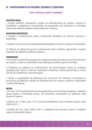 IX - ENFRENTAMENTO DO RACISMO, SEXISMO E LESBOFOBIA

                        “Viver a diferença, praticar a igualdade”


OBJETIVO GERAL
I. Instituir políticas, programas e ações de enfrentamento do racismo, sexismo e
lesbofobia e assegurar a incorporação da perspectiva de raça/etnia e orientação
sexual nas políticas públicas direcionadas às mulheres.

OBJETIVOS ESPECÍFICOS
I. Ampliar o conhecimento sobre a dimensão ideológica do racismo, sexismo e
lesbofobia;

II. Superar as dimensões de desigualdade baseadas no racismo, sexismo e lesbofobia;

III. Reduzir os índices de racismo institucional contra mulheres, garantindo o acesso
eqüitativo às diferentes políticas públicas.

PRIORIDADES
• Formular e implementar programas, projetos e ações afirmativas e de enfrentamento
do racismo, sexismo e lesbofobia nas instituições públicas governamentais;

• Fortalecer as políticas de enfrentamento da discriminação contra as mulheres
atingidas pelo racismo, sexismo, lesbofobia, deficiência, fatores geracionais e outras
formas de intolerância e discriminação;

• Apoiar a capacitação de lideranças do movimento de mulheres e feminista na
promoção de políticas e ações de enfrentamento do racismo, sexismo e lesbofobia
e ações afirmativas.

METAS
• Formar 120 mil profissionais da educação básica nas temáticas de gênero, relações
étnico-raciais e orientação sexual, em processos executados ou apoiados pelo
Governo Federal;

• Reduzir de 13,38% para 11% a taxa de analfabetismo das mulheres negras, entre
2006 e 2011;

• Ampliar em 5%, entre 2008 e 2011, a freqüência de meninas, jovens e mulheres
negras à educação básica;




                                                                                         29
 