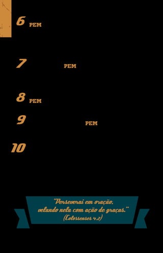 6    Em parceria com Atletas de Cristo, frequentemente o
     PEM realiza caravanas missionárias para fazer jogos
     amistosos que são oportunidades para testemunhar
     de Cristo. A imprensa internacional tem registrado
     vários dos momentos em que os atletas oferecem ajuda
     humanitária a comunidades locais.


7    O mundo tem cerca de 3.800 povos que nunca ouviram
     falar de Jesus. O PEM precisa crescer e formar um
     time cada vez mais forte para driblar as barreiras contra
     o Evangelho. Missionários com habilidades na área
     esportiva são muito bem-vindos.

8    Escolas de futebol coordenadas por missionários do
     PEM precisam de materiais para o treinamento e
     também discipulado de seus alunos.

9    A mudança de comportamento dos alunos das escolas de
     futebol administradas pelo PEM é algo que impacta seus
     familiares e comunidades. Os missionários precisam de
     sabedoria para serem boas testemunhas do Evangelho.

10   O projeto Gol para Cristo mobiliza igrejas do norte
     do Chile para que elas tenham condições de estabelecer
     seus próprios ministérios esportivos como ferramenta de
     Missões e plantação de outras igrejas.




             “Perseverai em oração,
        velando nela com ação de graças.
                                       ”
                 (Colossenses 4.2)
 