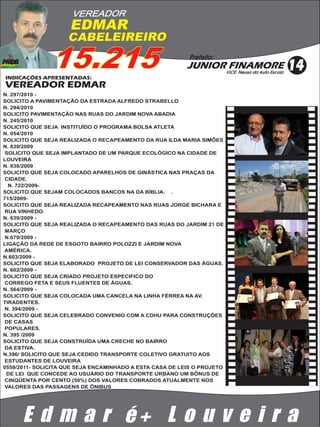 VEREADOR
                     EDMAR
                    CABELEIREIRO

               15.215
INDICAÇÕES APRESENTADAS:
                                                           Prefeito:
                                                          JUNIOR FINAMORE
                                                                         VICE: Neusa da Auto Escola
                                                                                                      14
VEREADOR EDMAR
N. 297/2010 -
SOLICITO A PAVIMENTAÇÃO DA ESTRADA ALFREDO STRABELLO
N. 294/2010
SOLICITO PAVIMENTAÇÃO NAS RUAS DO JARDIM NOVA ABADIA
N. 245/2010
SOLICITO QUE SEJA INSTITUÍDO O PROGRAMA BOLSA ATLETA
N. 054/2010
SOLICITO QUE SEJA REALIZADA O RECAPEAMENTO DA RUA ILDA MARIA SIMÕES
N. 839/2009
 SOLICITO QUE SEJA IMPLANTADO DE UM PARQUE ECOLÓGICO NA CIDADE DE
LOUVEIRA
N. 838/2009
SOLICITO QUE SEJA COLOCADO APARELHOS DE GINÁSTICA NAS PRAÇAS DA
 CIDADE.
  N. 722/2009-
SOLICITO QUE SEJAM COLOCADOS BANCOS NA DA BÍBLIA. .
715/2009-
SOLICITO QUE SEJA REALIZADA RECAPEAMENTO NAS RUAS JORGE BICHARA E
 RUA VINHEDO.
N. 639/2009 -
SOLICITO QUE SEJA REALIZADA O RECAPEAMENTO DAS RUAS DO JARDIM 21 DE
 MARÇO
 N.679/2009 -
LIGAÇÃO DA REDE DE ESGOTO BAIRRO POLOZZI E JARDIM NOVA
AMÉRICA.
N.603/2009 -
SOLICITO QUE SEJA ELABORADO PROJETO DE LEI CONSERVADOR DAS ÁGUAS.
N. 602/2009 -
SOLICITO QUE SEJA CRIADO PROJETO ESPECIFICO DO
 CORREGO FETA E SEUS FLUENTES DE ÁGUAS.
N. 564/2009 -
SOLICITO QUE SEJA COLOCADA UMA CANCELA NA LINHA FÉRREA NA AV.
TIRADENTES.
 N. 394/2009 -
SOLICITO QUE SEJA CELEBRADO CONVENIO COM A CDHU PARA CONSTRUÇÕES
 DE CASAS
 POPULARES.
N. 395 /2009
SOLICITO QUE SEJA CONSTRUÍDA UMA CRECHE NO BAIRRO
 DA ESTIVA.
N.396/ SOLICITO QUE SEJA CEDIDO TRANSPORTE COLETIVO GRATUITO AOS
ESTUDANTES DE LOUVEIRA
0559/2011- SOLICITA QUE SEJA ENCAMINHADO A ESTA CASA DE LEIS O PROJETO
 DE LEI QUE CONCEDE AO USUÁRIO DO TRANSPORTE URBANO UM BÔNUS DE
CINQÜENTA POR CENTO (50%) DOS VALORES COBRADOS ATUALMENTE NOS
VALORES DAS PASSAGENS DE ÔNIBUS




      E d m a r é+ L o u v e i r a
 