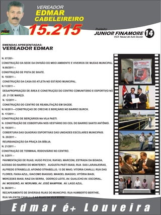 VEREADOR
                        EDMAR
                       CABELEIREIRO

                   15.215                                             Prefeito:
                                                                  JUNIOR FINAMORE
                                                                                  VICE: Neusa da Auto Escola
                                                                                                               14
EMENDAS APRESENTADAS:
VEREADOR EDMAR
N. 07/201-
CONSTRUÇÃO DA SEDE DA DIVISÃO DO MEIO AMBIENTE E VIVEIROS DE MUDAS MUNICIPAL.
N.08/2011 –
CONSTRUÇÃO DE PISTA DE SKATE.
N. 10/2011 –
CONSTRUÇÃO DA CASA DO ATLETA NO ESTÁDIO MUNICIPAL.
N.11/2011 –
DESAPROPRIAÇÃO DE ÁREA E CONSTRUÇÃO DO CENTRO COMUNITÁRIO E ESPORTIVO NO
JD. 21 DE MARÇO.
N. 12/2011 –
CONSTRUÇÃO DO CENTRO DE REABILITAÇÃO EM SAÚDE.
N.16/2011—CONSTRUÇAO DE CRECHE E BERÇÁRIO NO BAIRRO BURCK.
N. 17/2011 –
CONSTRUÇÃO DE BERÇÁRIOS NA VILA PASTI.
N. CONSTRUÇÃO DE COBERTURA NOS VESTIÁRIO DO CEIL DO BAIRRO SANTO ANTÔNIO.
N. 19/2011 –
COBERTURA DAS QUADRAS ESPORTIVAS DAS UNIDADES ESCOLARES MUNICIPAIS.
N. 20/2011 –
REURBANIZAÇÃO DA PRAÇA DA BÍBLIA.
N. 21/2011 –
CONSTRUÇÃO DE TERMINAL RODOVIÁRIO NO CENTRO.
N. 5/2011 –
PAVIMENTAÇÃO DE RUAS; HUGO PICCHI, RAFAEL MARCONI, ESTRADA DA BOIADA,
ACESSO DO BAIRRO DO MONTEREY, AUGUSTA PASTI BIASI, RUA DAS LARANJEIRAS,
ALFREDO STRABELLO, AFONSO STRABELLO, 13 DE MAIO, VITORIA CAVALLI, RUA DAS
FLORES, FAIXA AZUL, GIACOMO BIAGGIO, MANOEL BIAGGIO, VITÓRIA BIASI,
MERCEDES BIASI, RAIZ DA SERRA, ODERICO LEITE, AV. GUALICHO AV. ESCORIAL,
AV. MOSSORÓ, AV. MORUMBI, AV. JOSÉ MAMPRIM, AV. LAGO AZUL.
N. 06/2011 –
RECAPEAMENTO DE DIVERSAS RUAS DO MUNICíPIO; RUA HUMBERTO BERTHIE,
RUA VALENTIN CAVALLI, E AS RUAS DA VILA BOSSI.




        E d m a r é+ L o u v e i r a
 